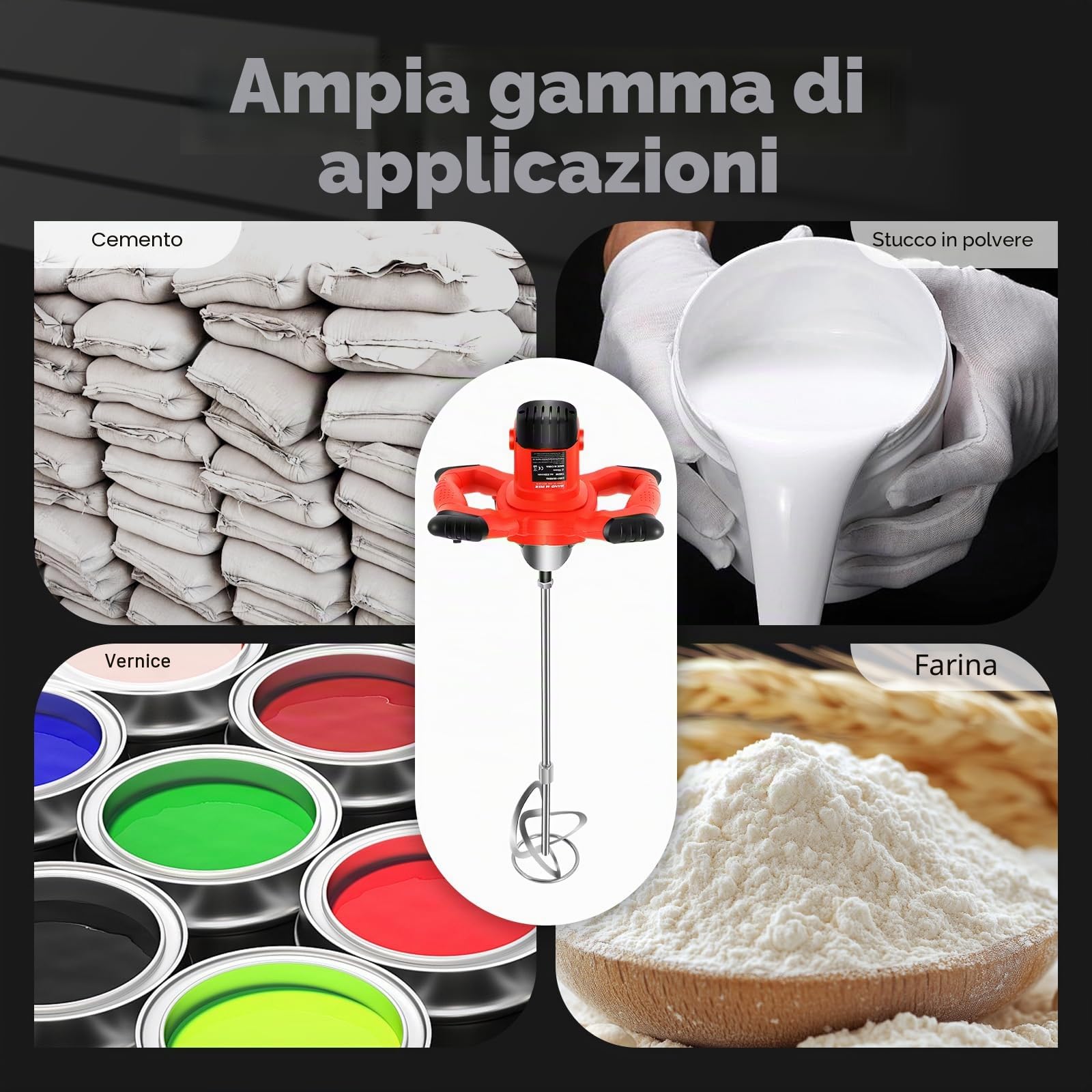 MINRS Agitatore per malta da 1500 W, mescolatore per calcestruzzo, malta a 6 marce, miscelatore per cemento, elettrico, per miscelare vernici, cemento, cemento