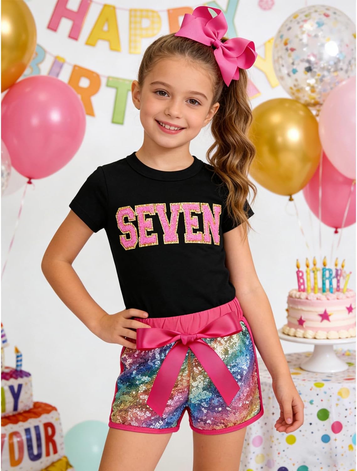 D.O.T Toddler Baby Girls Birthday Outfits Short Sleeve Shirt Sequin Shorts Hair Bow Kids Cake Smash Gifts Clothes Sets