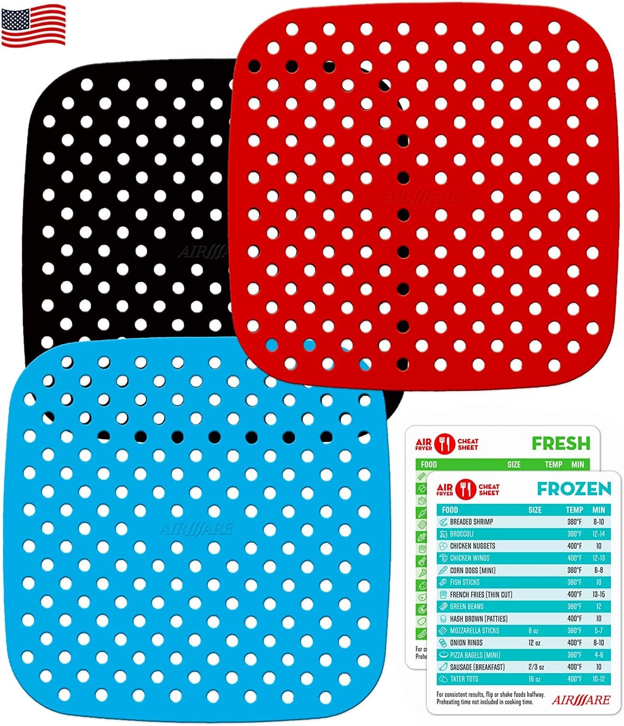 Airware Aeromats The Original Reusable Silicone Air Fryer Liners | 3 Pack Plus Magnetic Cheat Sheet | USA Designed | Air Fryer Accessories For COSORI, POWER XL, CHEFMAN, DASH, AND MORE (7.5" Square)