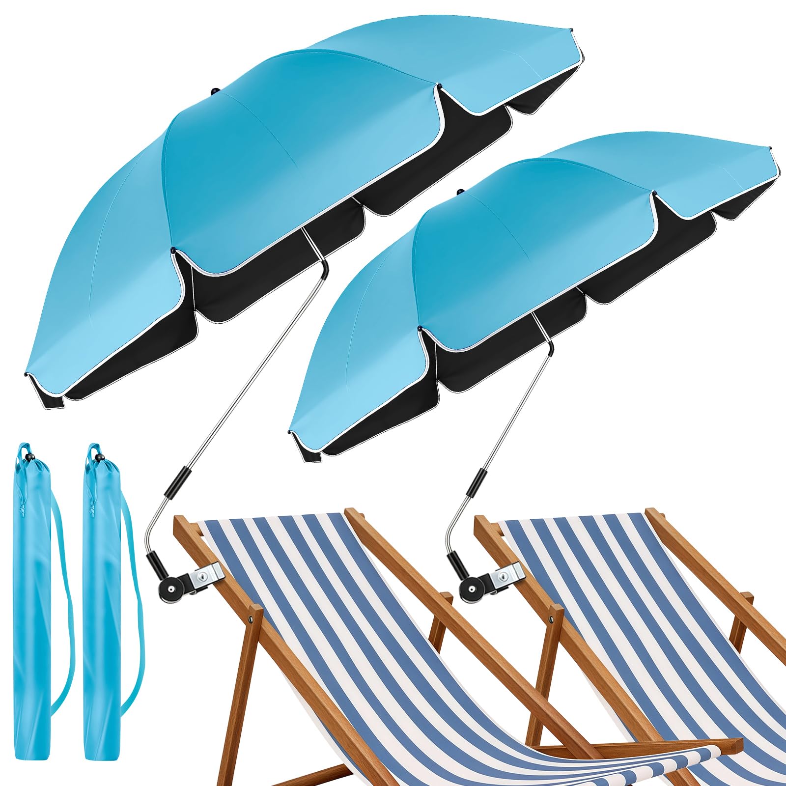 panthem 2 Pack Beach Umbrella with Clamp, UPF 50+ 360° Adjustable Sun Shade for Beach Chair, Portable Clip-on Parasol for Camping Chair, Wheelchair, Golf Cart, Patio, Festival (Sky Blue, No Chair)