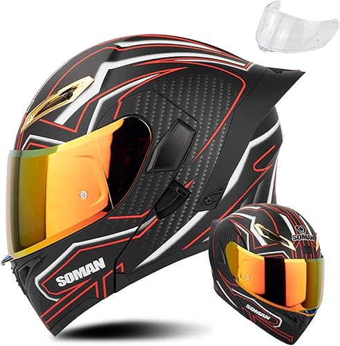 Casco de motocicleta, casco ligero de calle de cara completa, casco modular abatible con doble visera para motos con visera extra transparente para