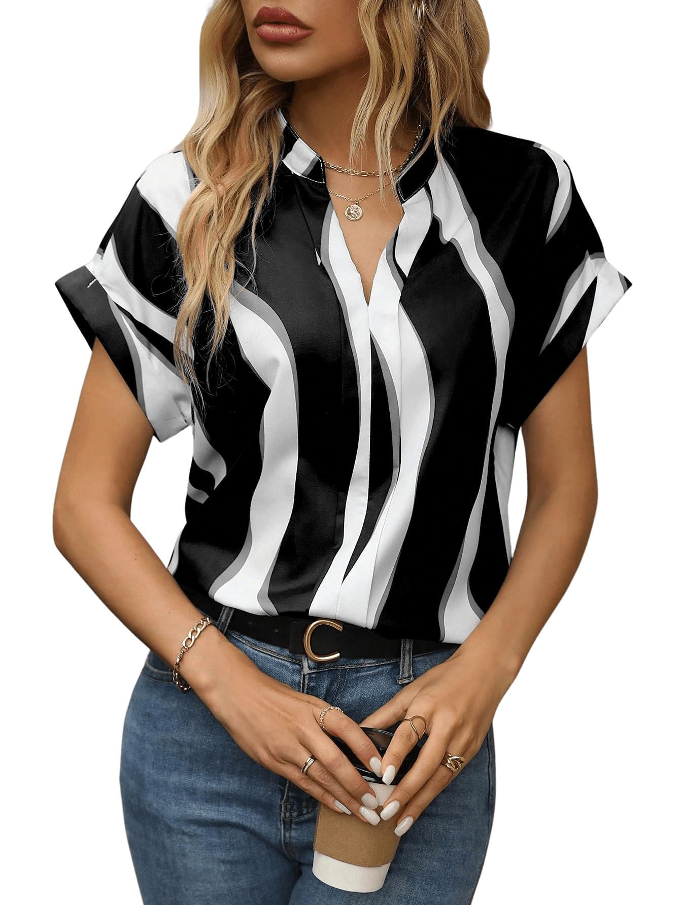 GORGLITTER Blusa elegante de manga corta para mujer, blusa con bloque de color, blusa de verano, blusa holgada