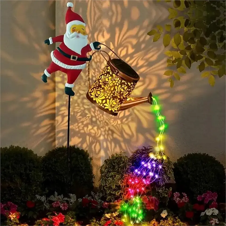 Christmas Santa Solar Kettle Lights - Garden Lawn Decorative Lights, Claus Ground Decorative Pathway Lamp, Patio Waterproof Watering Can Light Vintage Metal Outdoor Decoration(Colorful)