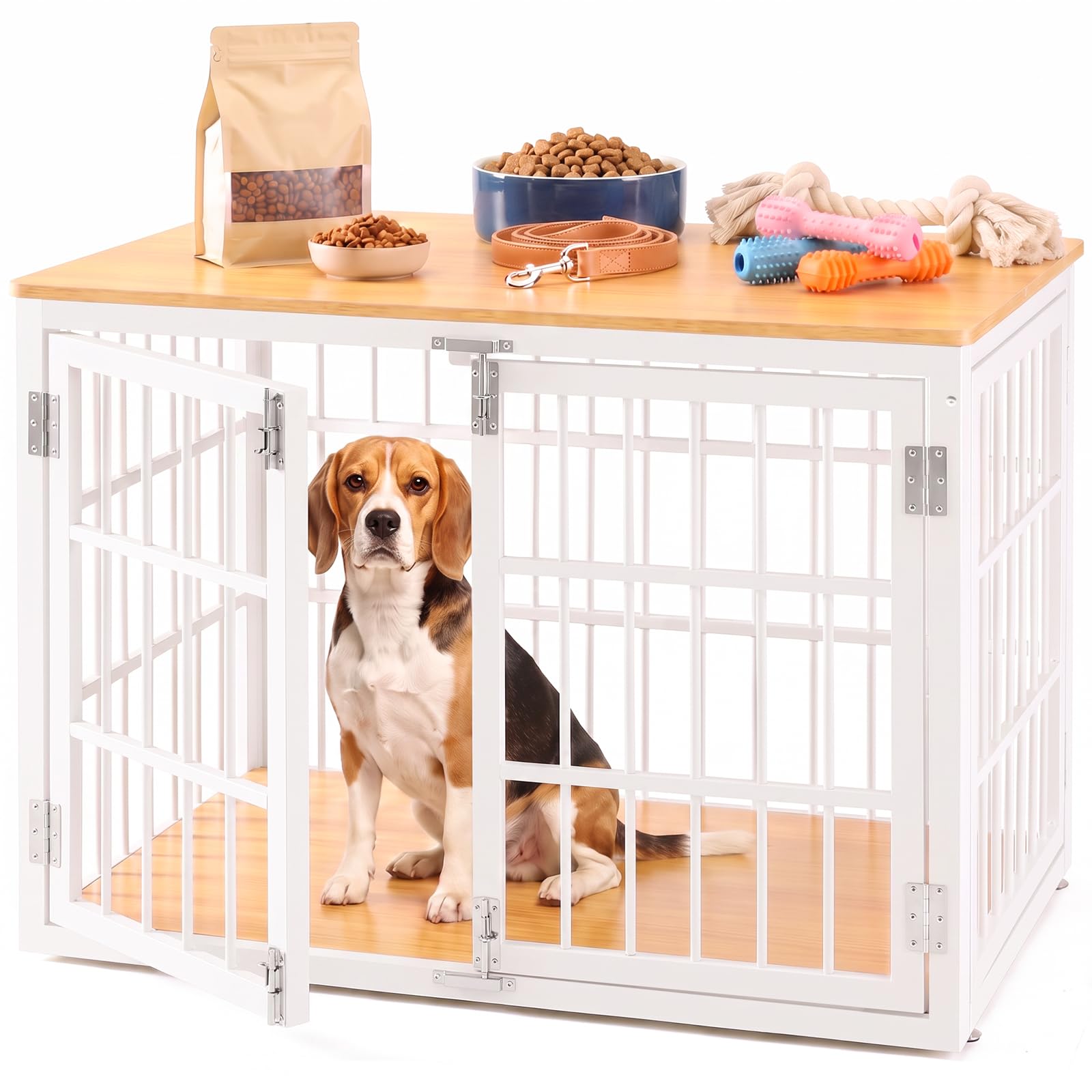 NEWBULIG 42 Inch Dog Crate Furniture for Large Dogs, Space Saving Pet House End Table with Double Lock Door, Heavy Duty Indoor Kennel for Living Room, White &amp; Wood