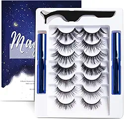 Kit de cílios magnéticos, 7 pares de cílios magnéticos de aparência natural 3D reutilizáveis com delineador e pinça, sem necessidade de cola, fácil de aplicar, cílios postiços leves e impermeáveis (7