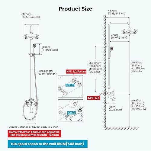 Vista 25 de gotonovo Grifo de ducha de baño, mezclador de lluvia, cabezal de ducha redondo de 8 pulgadas, mango cruzado doble con boquilla de bañera, montaje
