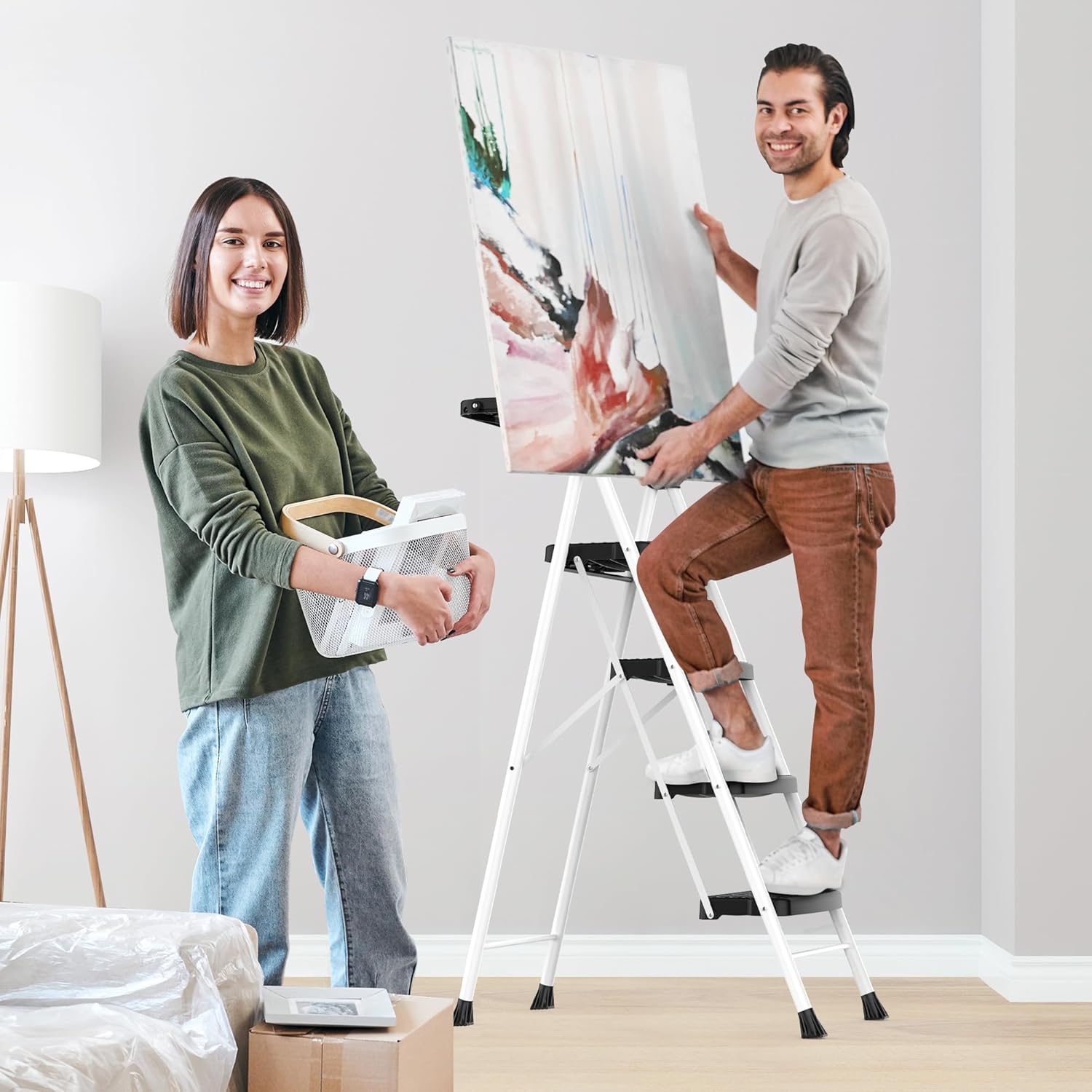 HBTower 4 Step Ladder, Folding Step Stool with Tool Platform, Convenient Handgrip Sturdy Steel Ladder, 330lbs/150 kg Max Load, White - Image 7