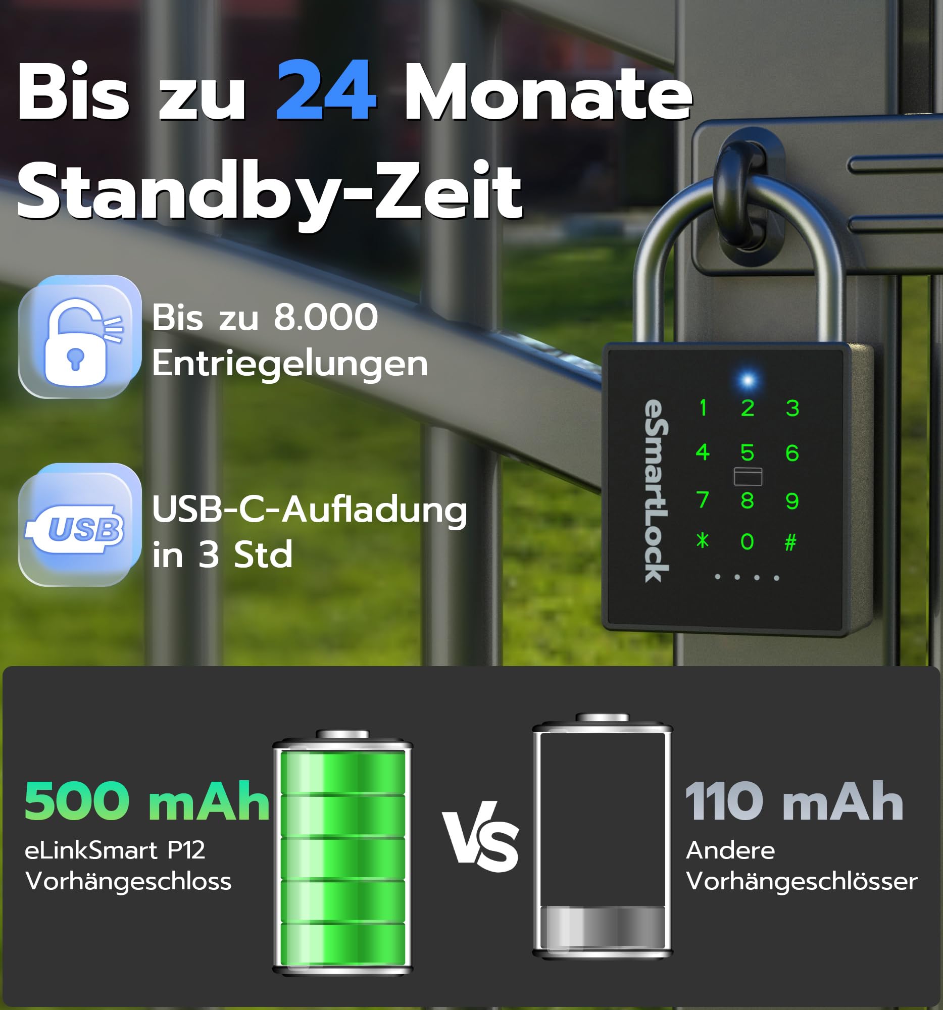 Smart Zahlenschloss Vorhängeschloss, Wetterfestes Vorhängeschloss Groß mit Schlüssel, Bluetooth Schloss mit Zahlencode RFID, IP68 Elektrisch Intelligentes Lock für Tür Garten Spind Keller