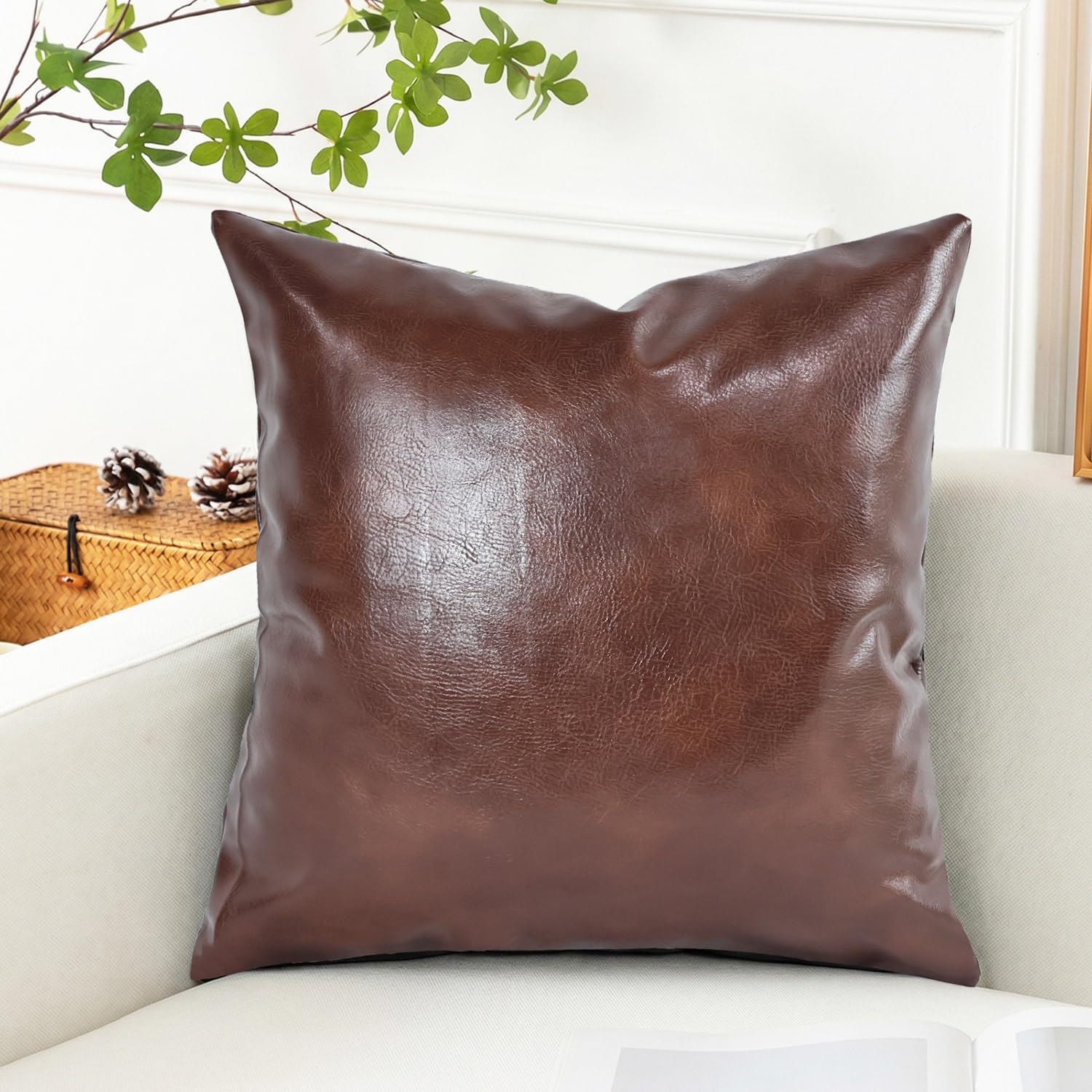 ZEaink Faux Leather Sofa Cushion Pillow Cover 40x40 /45x45/50x50 cm Waterproof Throw Pillow Cover with Zipper Modern Decorative Pillow Cases for Sofa Couch Bedroom Living Room(Dark Brown,40x70 cm)