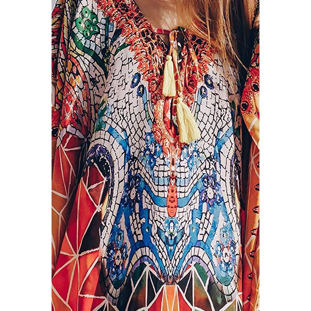 Caftan Vestido Largo de Playa Mujer Verano Traje de Baño Bohemio Floral Maxi Túnica Pareo Bikini Cover Up