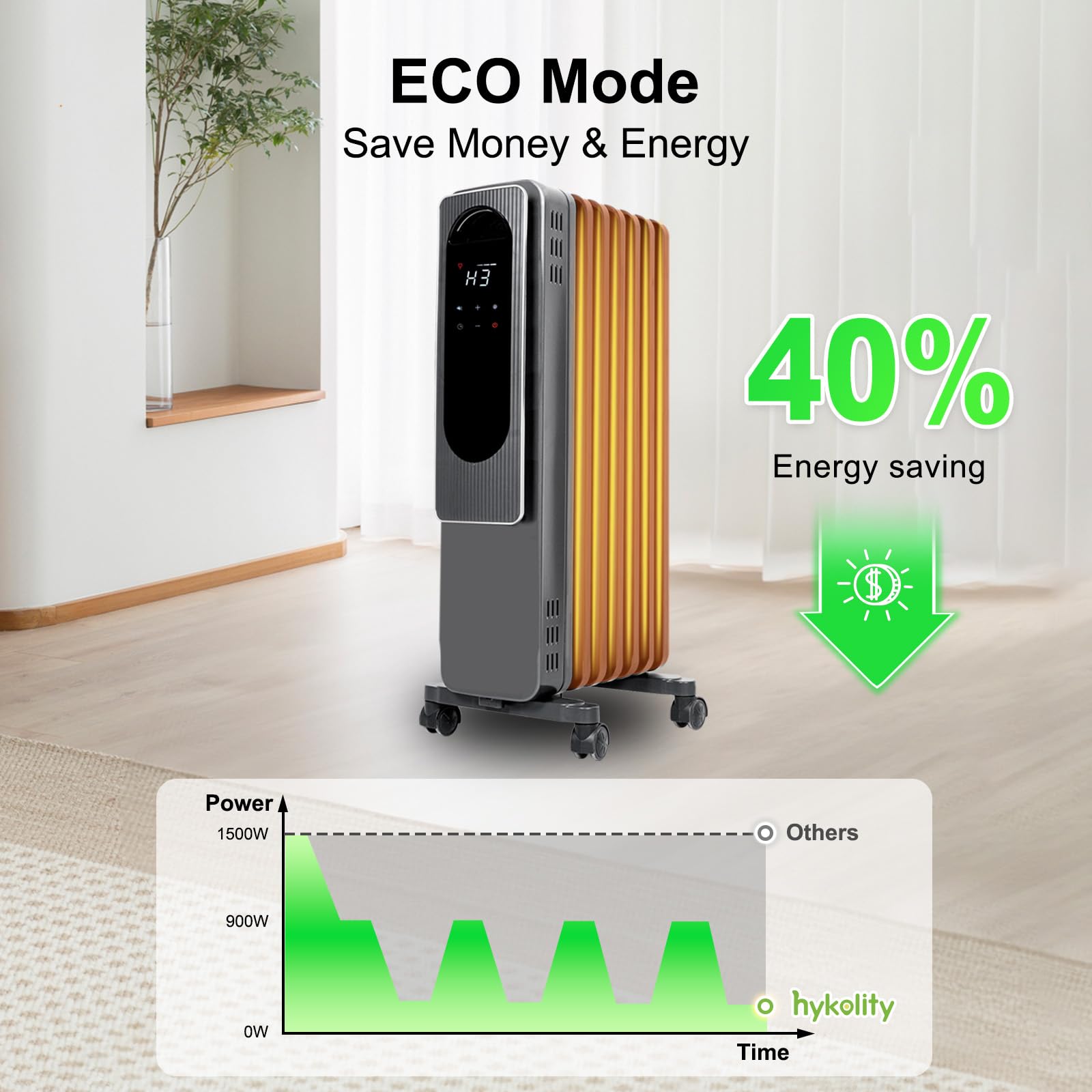 Hykolity Oil Filled Radiator Heater, 1500W Electric Space Heater for Large Room, 7 M-Shaped Fins, ECO, 24H Timer, Digital Thermostat, Power Memory, Overheat & Tip-Over Protection, Home Office - 3