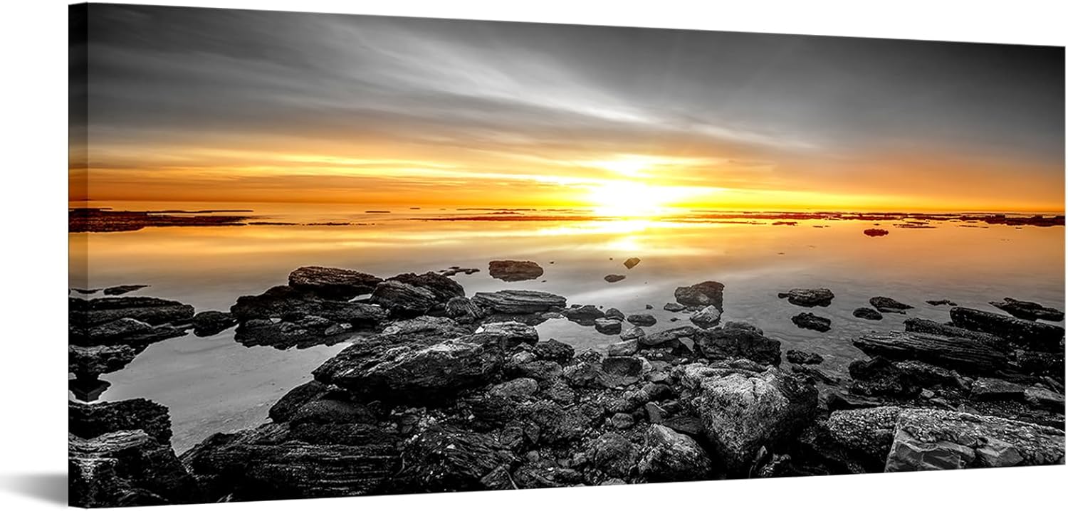 LevvArts Beach Ocean Canvas Wall Art Black and White Gold Sunrise Picture Landscape Painting Prints Modern Living Room Office Decorations 20"x48"