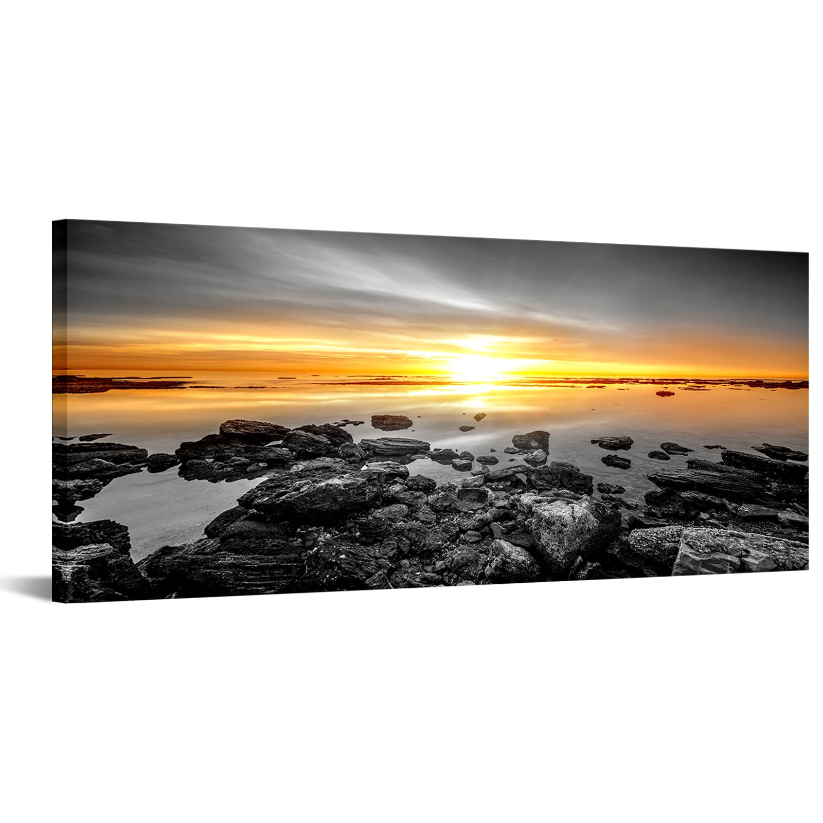 LevvArts Beach Ocean Canvas Wall Art Black and White Gold Sunrise Picture Landscape Painting Prints Modern Living Room Office Decorations 20"x48"