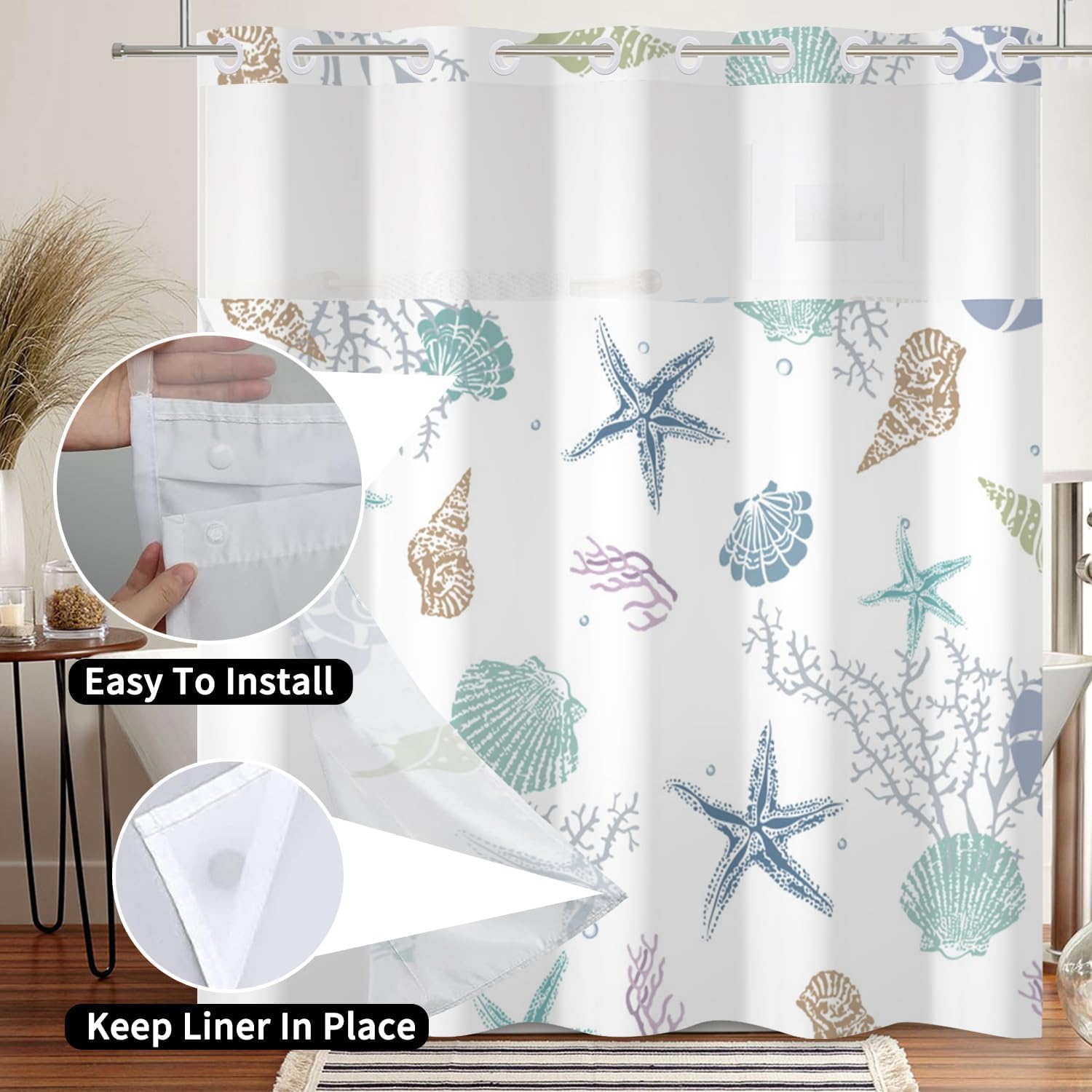 No Hook Shower Curtain Nautical Coastal Shower Curtain with Snap in Liner Set Ocean Beach Coral Starfish Bathroom Curtains No Hook Double Layers Fabric Washable 71x74 Inch