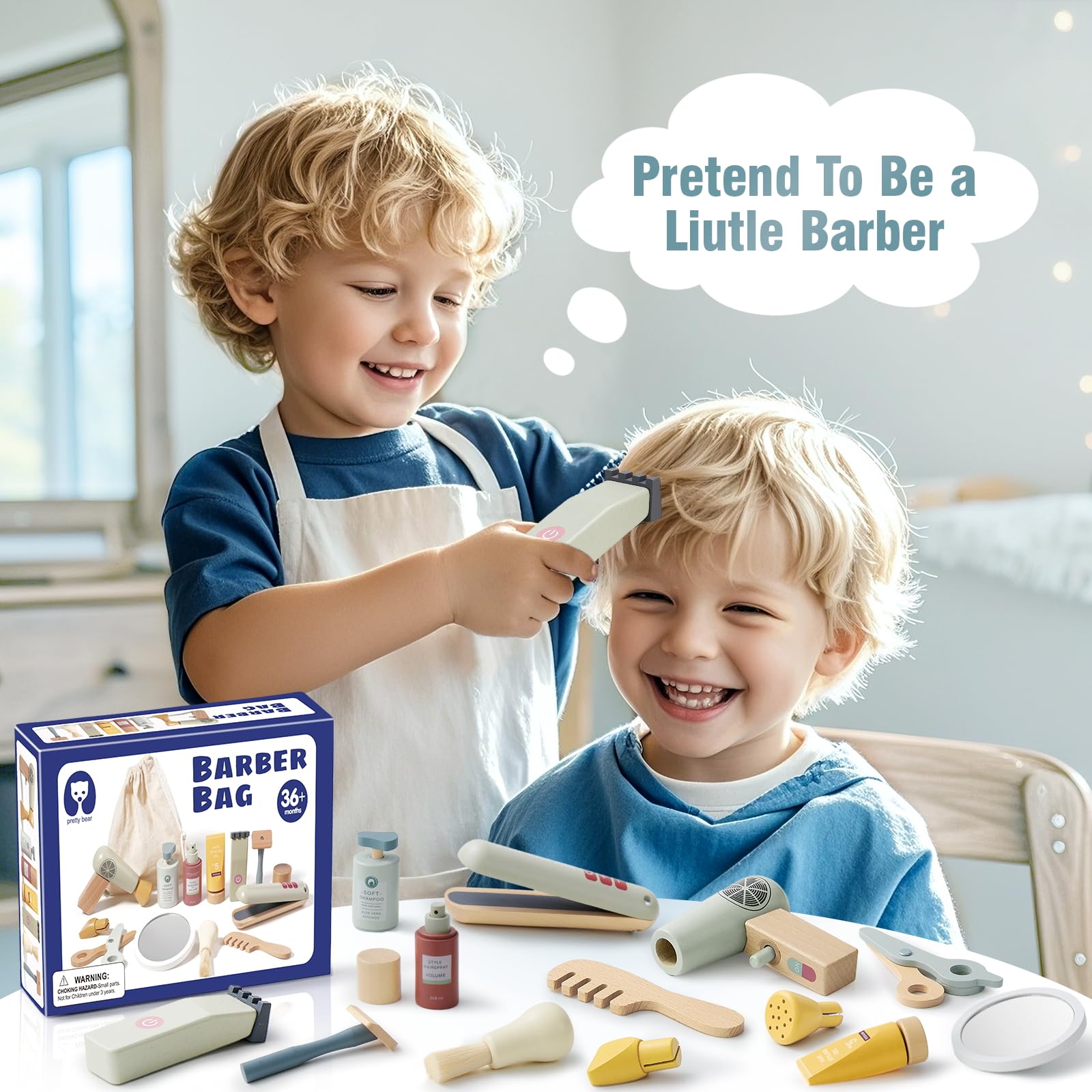 Atoylink Set Coiffure Enfant en Bois avec Accessoires de Coiffure et de Rasage pour Garons 3-8 Ans