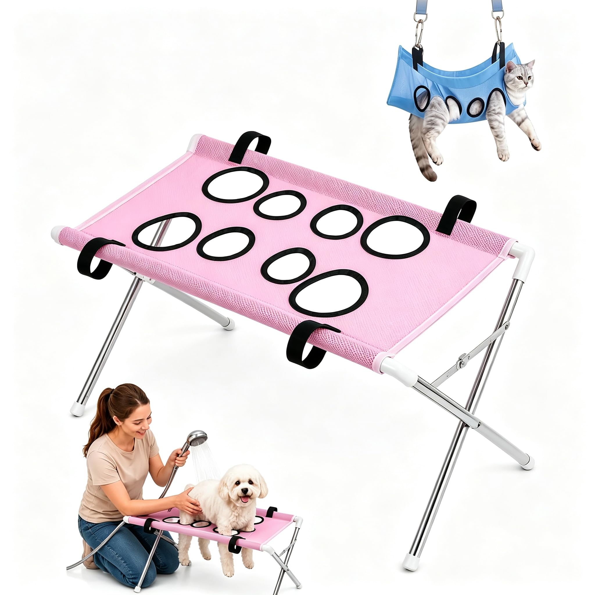Dog Grooming Hammock Pet Grooming Hammock Stand with Stable Stainless Steel Frame & Quick-Dry Mesh Foldable for Trimming, Bathing, Brushing, Small Pets (Pink)