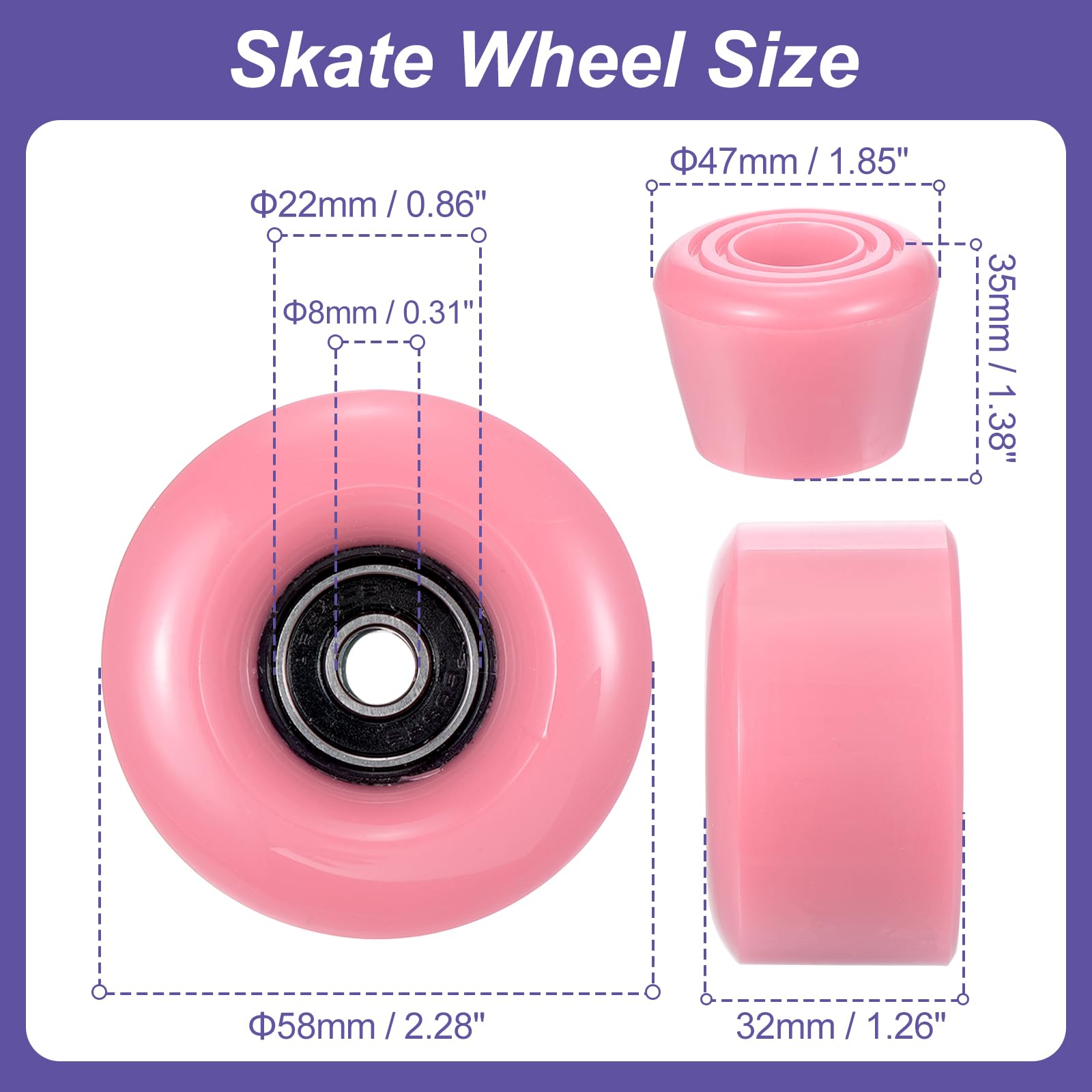 PATIKIL 8 Pack Roller Skate Wheels Outdoor 58mmx32mm Quad Roller Skate Wheels with ABEC-9 Bearing, 82A PU Roller Wheels & 2 Toe Stoppers for Double Row Skate Skateboard Indoor, Pink