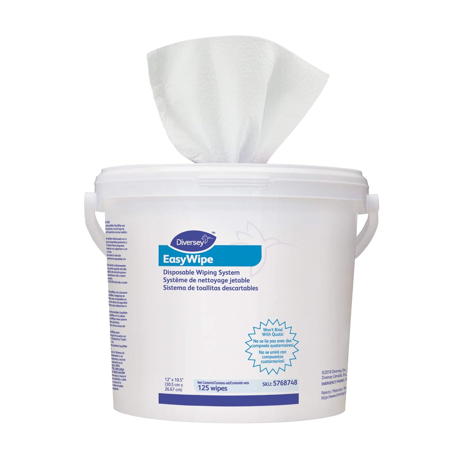 Diversey 5768748 EasyWipe Disposable Wiping System, DRY Wipes in Reusable Bucket - Use with Your Choice Disinfectant, 125 Large 12x10.5-Inch Wipes, 1-Bucket (Pack of 6)