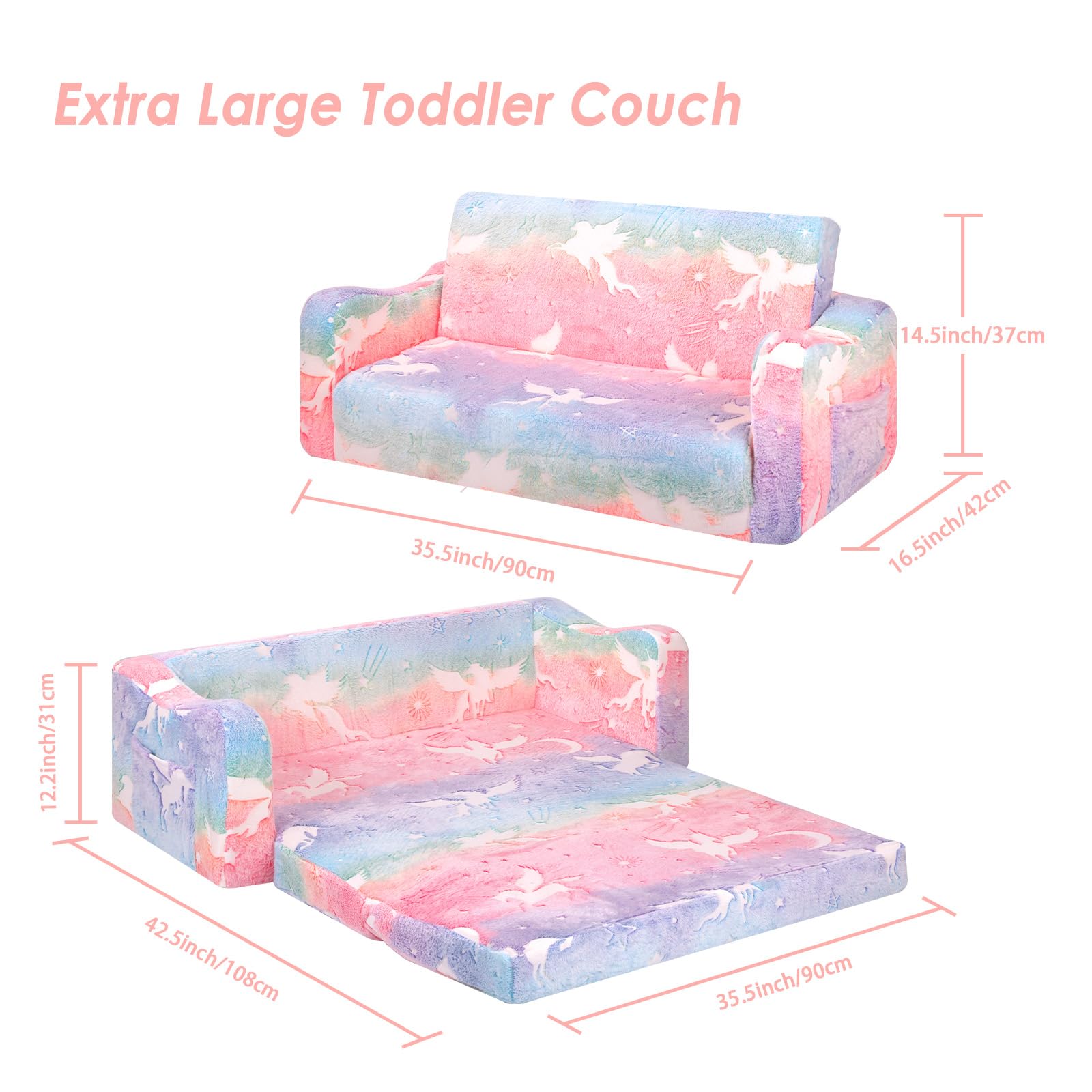 Einhorn Kindercouch ausklappbar 2-in-1, Extra Groß Kindersofa Das im Dunkeln leuchtet mit Schlaffunktion,Kindersessel für Kinder Kinderzimmer Spielzimmer
