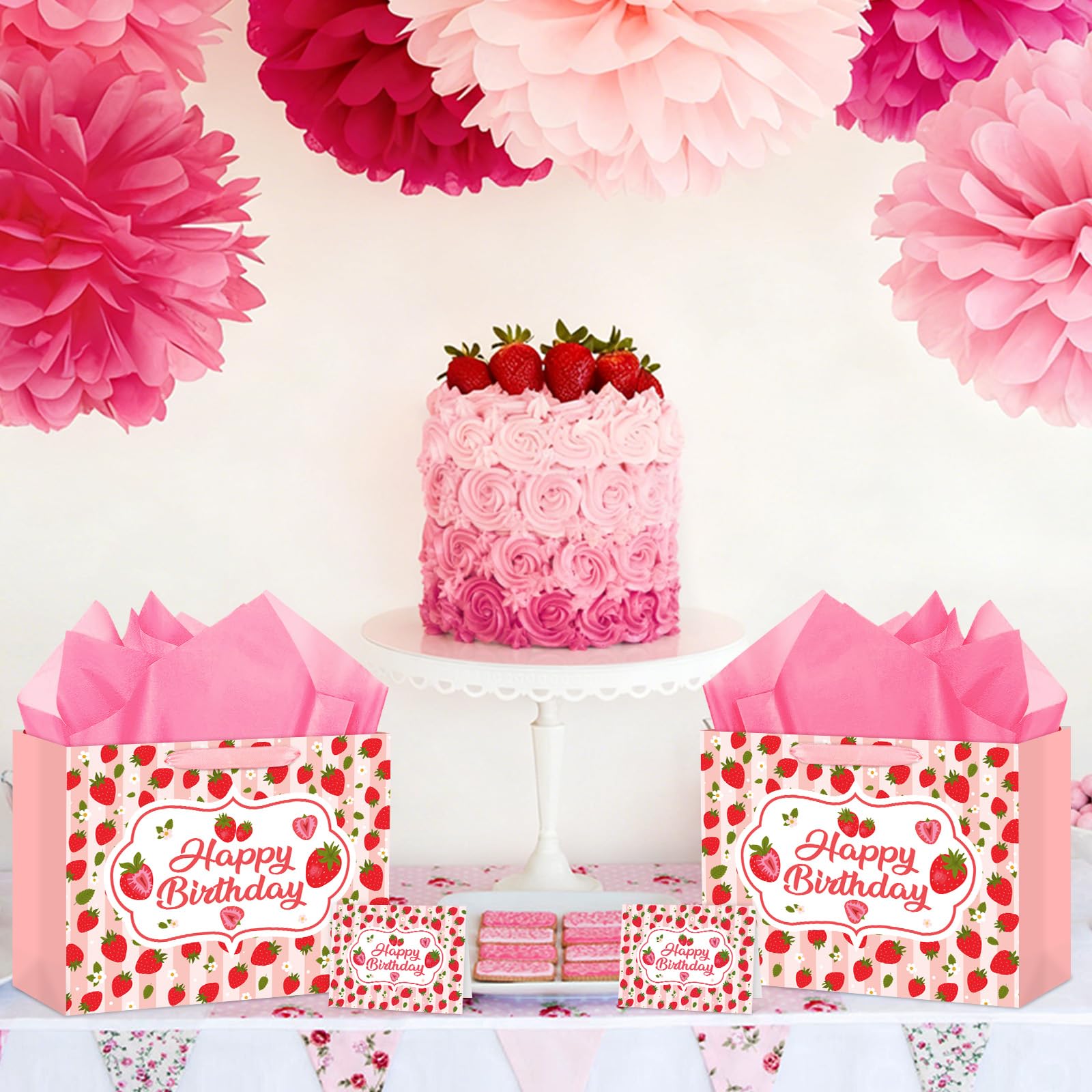 Hooqict Large Strawberry Birthday Gift Bag Pink Happy Birthday Gift Wrapping Bag with Handles, Tissue Paper, Greeting Card for Girls Kids Women Sweet Strawberry Party Decorations Supplies