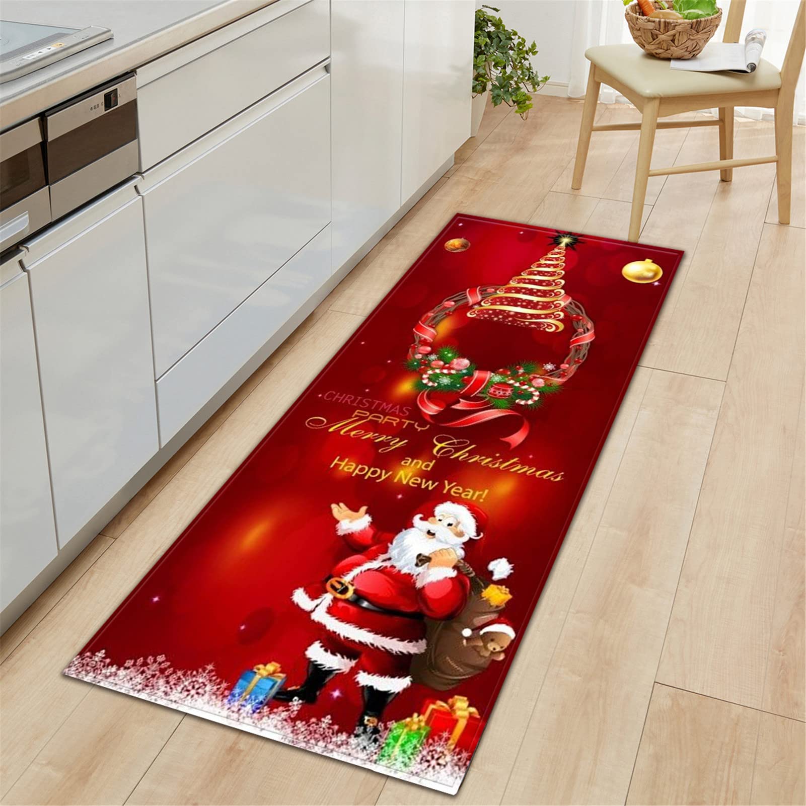 Alfombra De Navidad 3D Alfombra para Pasillo De Poliéster Alfombra Cocina Antideslizante Lavable Alfombra De Baño Felpudo De Papá Noel, Decoraciones Navideñas Rojas,60x180cm/23.6"x70.8"