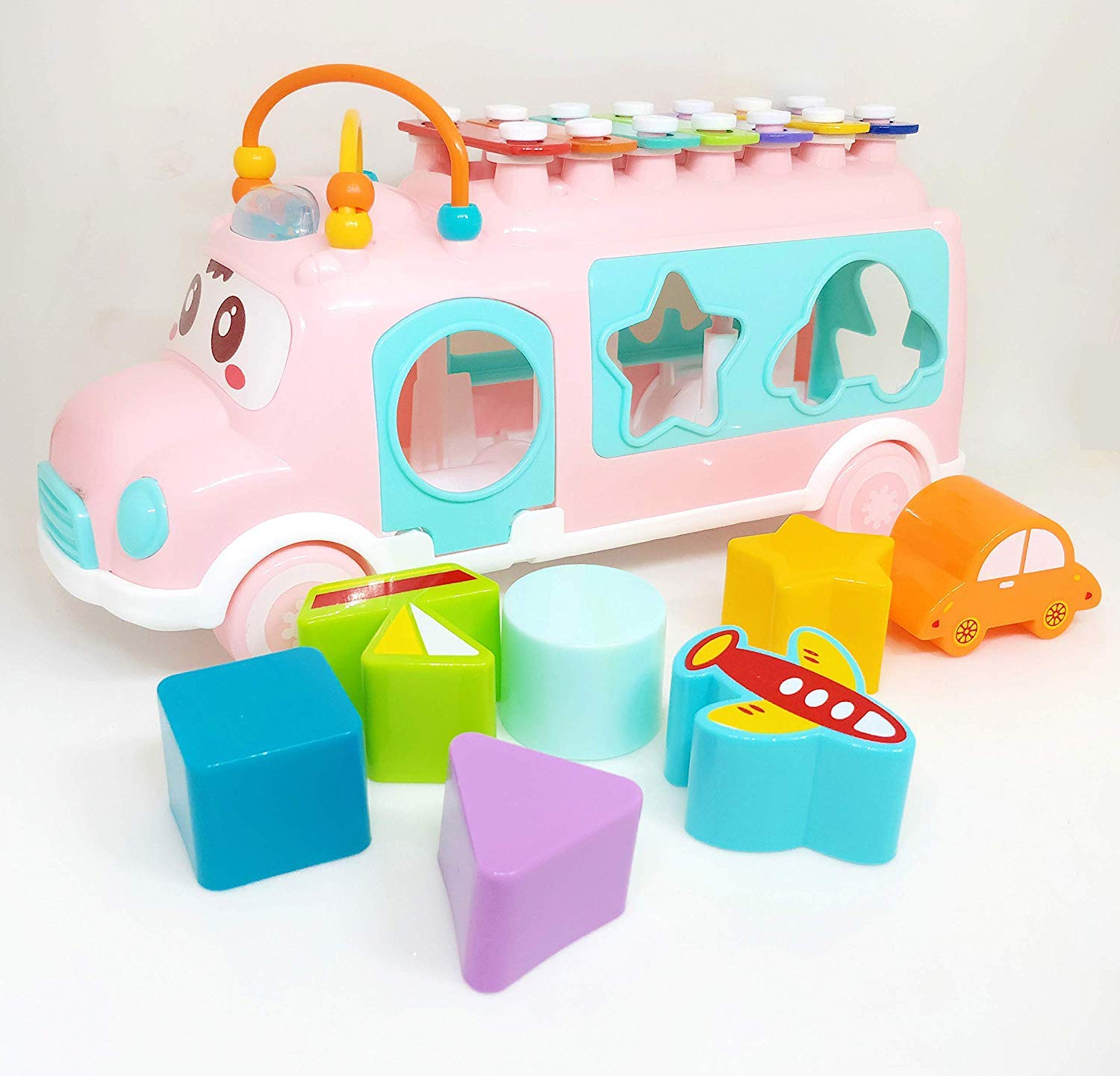 Buy GoMerryKids Pull Along School Bus Toy with Xylophone, Shape Sorter