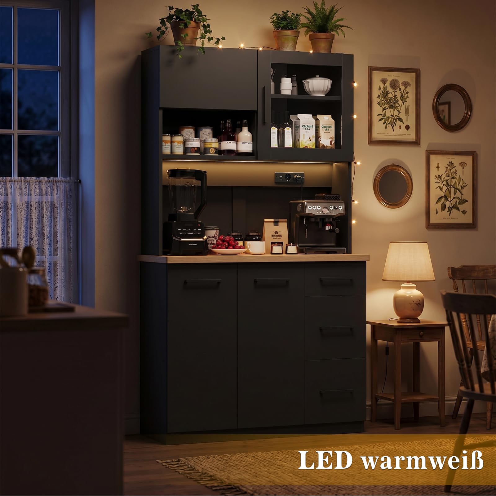 JUMMICO Buffetschrank, 100 x 40 x 182(H) cm, Küchenschrank mit 2 Steckdosen und LED Streifen 3000K, Küchenbuffet mit verstellbaren Einlegeboden und Arbeitsplatte 24 mm, Schwarz