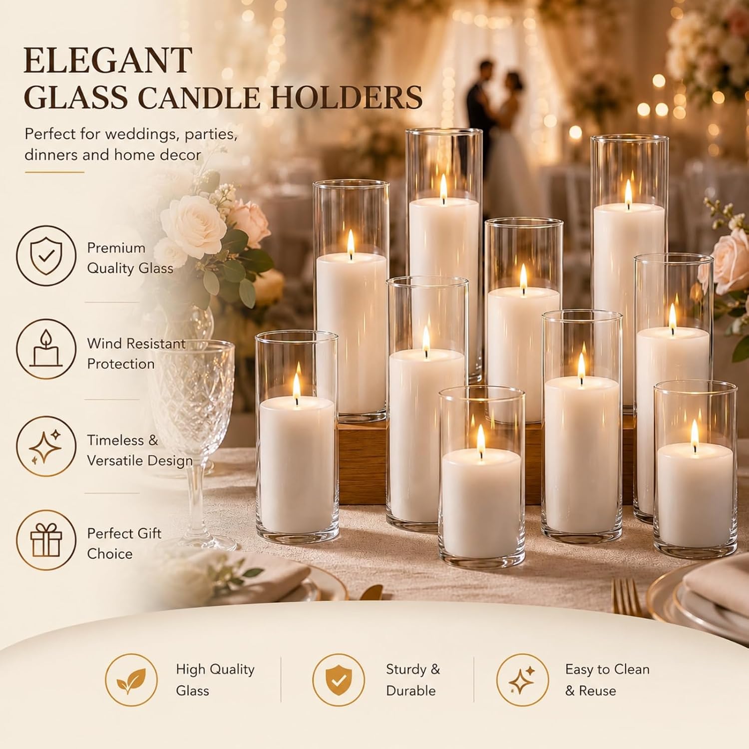 24 Pcs White Pillar Candles and Glass Cylinder Vases Clear Glass Pillar Candle Holders Hurricane Glass Candle Holders for Table Centerpieces Wedding, Party, Event, Home Office image 2