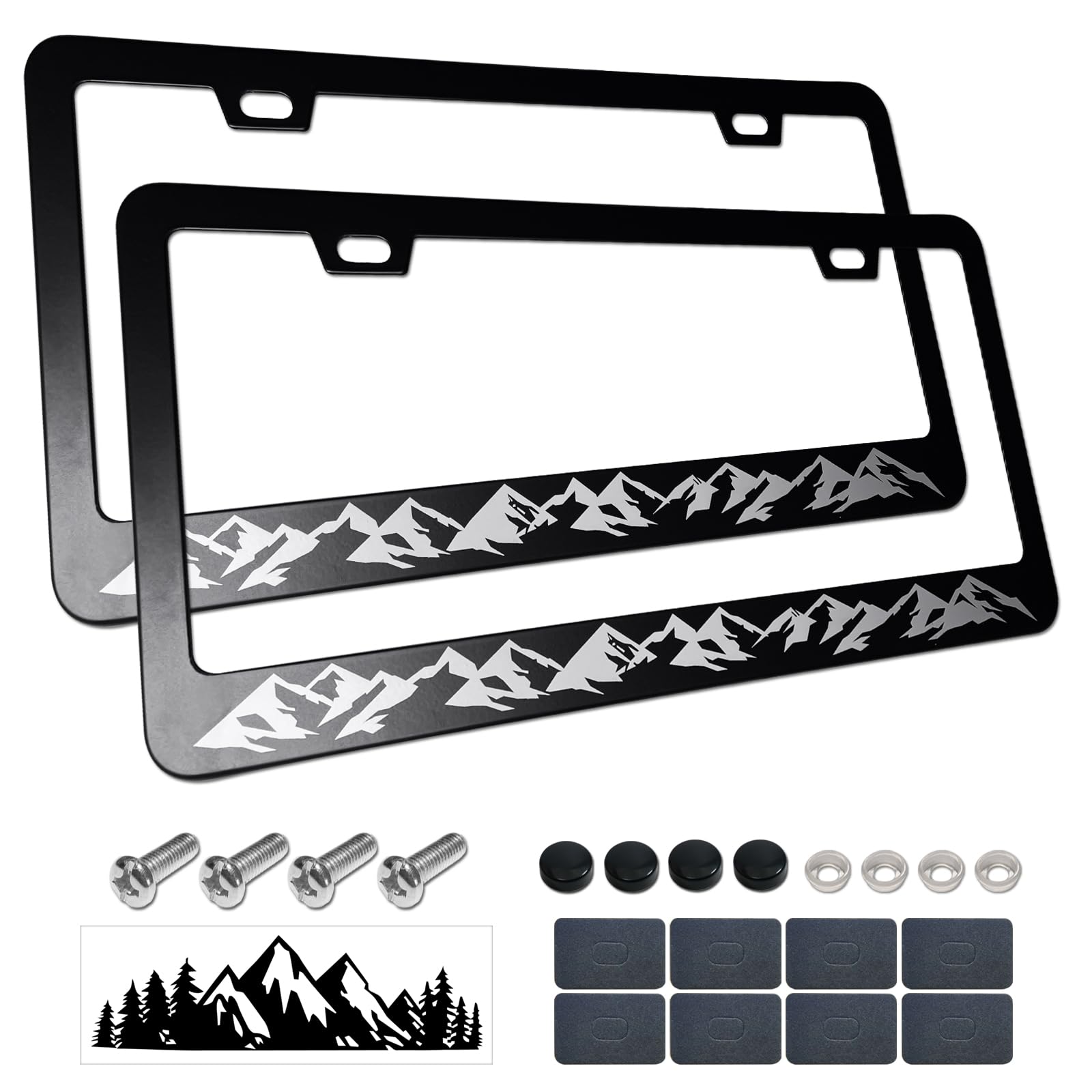 Aootf Mountains License Plate Frames- Black Aluminum Metal Car Tag Holder with Screws Caps, White on Black,2 Pack 2 Holes