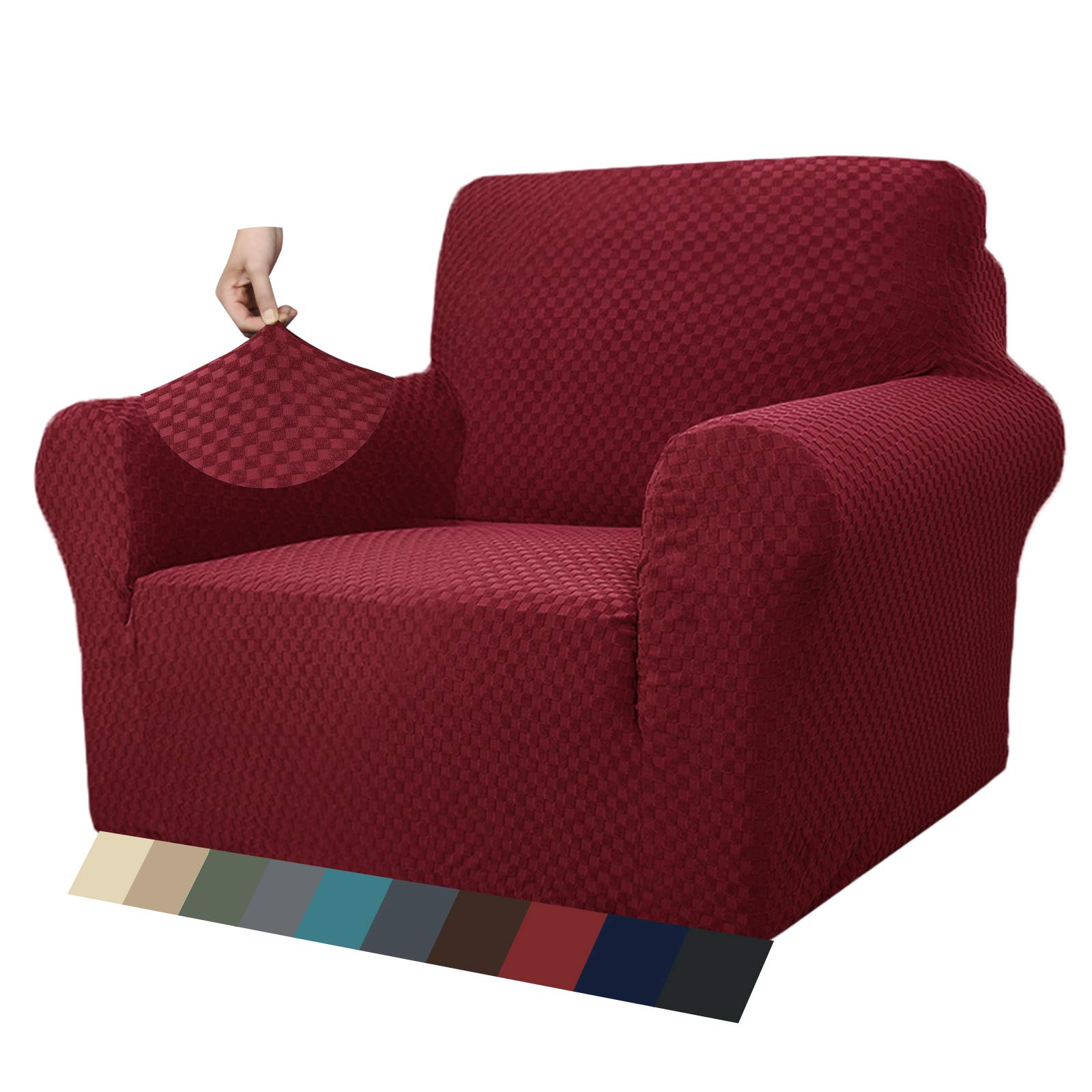 MAXIJIN Newest Jacquard Chair Covers for Living Room, Super Stretch Non Slip Chair Slipcover with Arms Dogs Pet Friendly 1-Piece Elastic Sofa Couch Protector Armchair Cover (1 Seater, Wine Red)