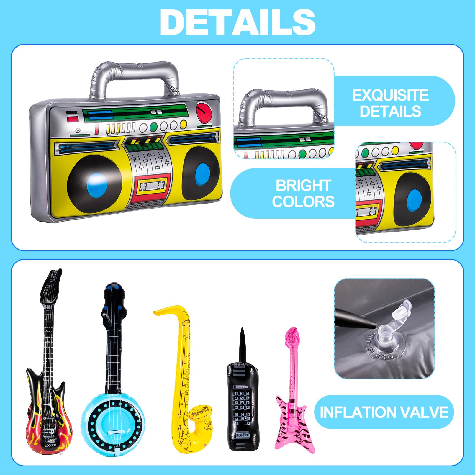 12 instrumentos inflables, juego de juguetes inflables de estrella de rock, guitarra inflable, saxofón inflable, micrófonos inflables, lute bajo, piano de teléfono, decoración de fiesta de los 3