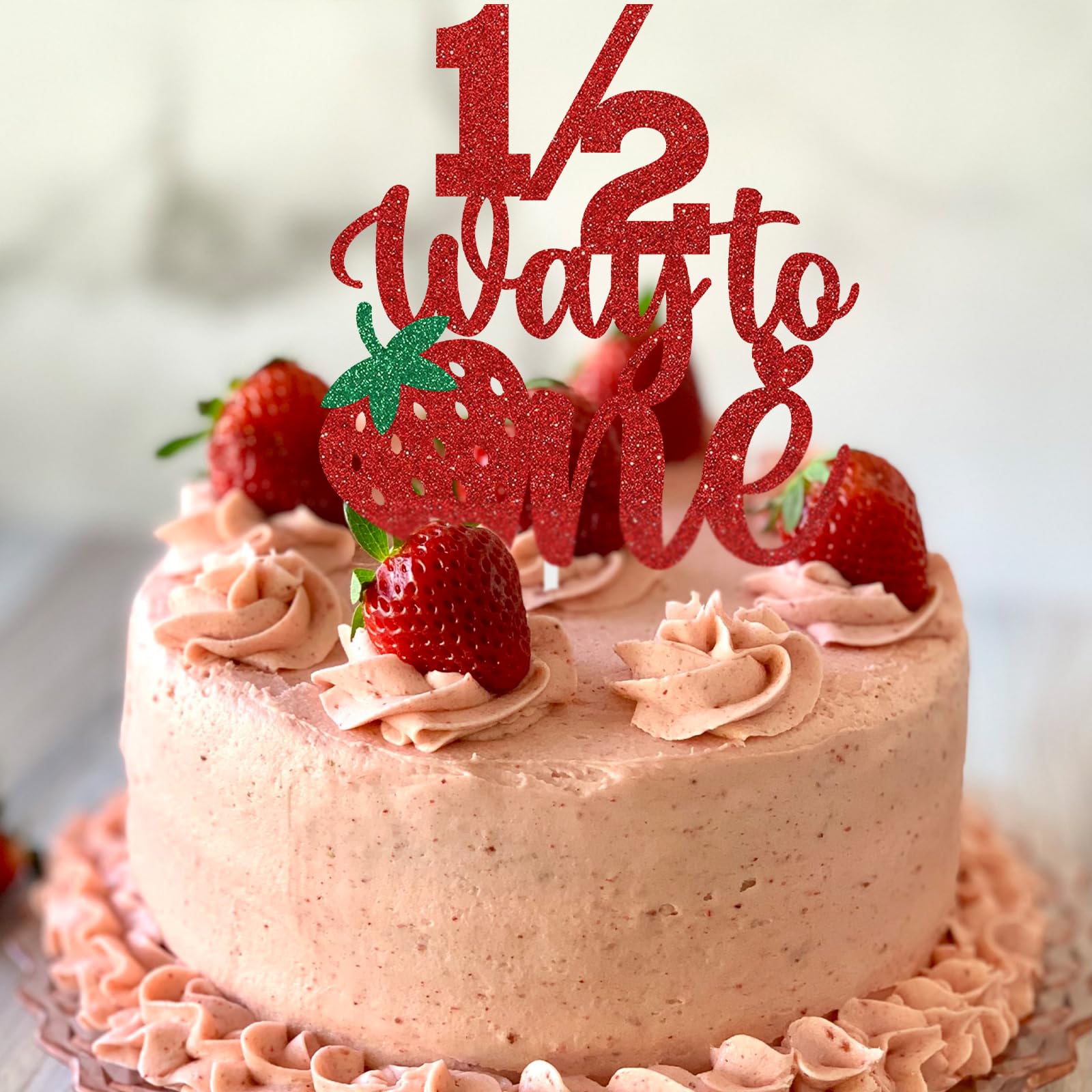 Strawberry '1/2 Way To One' Cake Topper - Rose Gold Glitter For 6 Month Birthday
