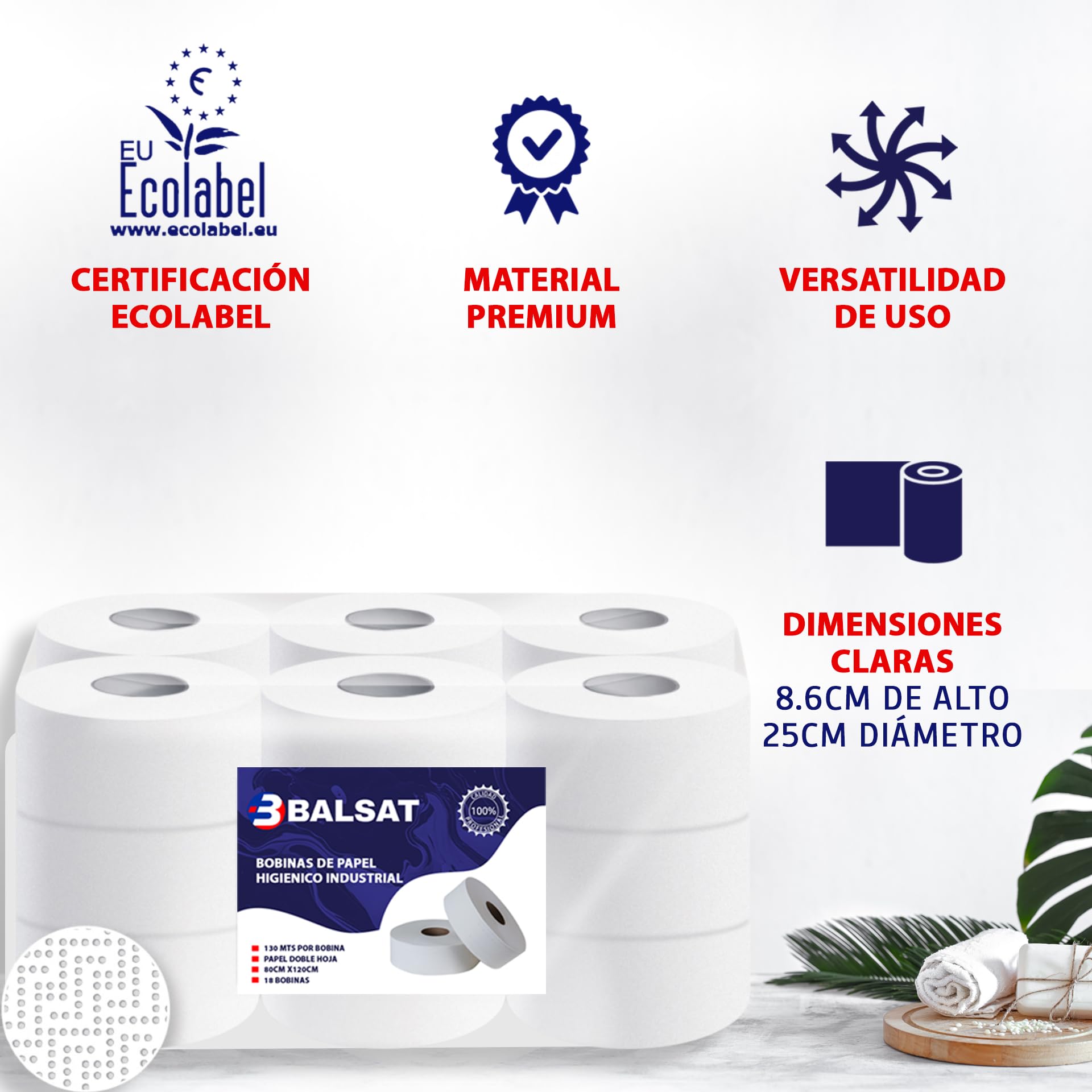 BALSAT | 18 Bobinas De Higiénico | Industrial Resistente Doble Hoja | Rollo Industrial130m | Baño | Ideal en Dispensador.
