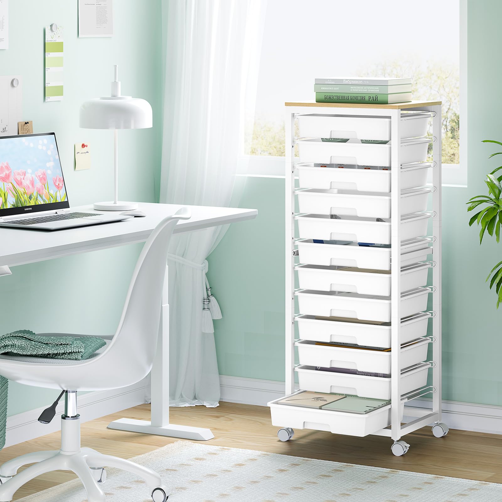 SYKIARIOL Chariot à roulettes avec 12 tiroirs - Chariot de bricolage mobile avec plateau en bois, idéal pour l'organisation à la maison et au bureau (blanc)