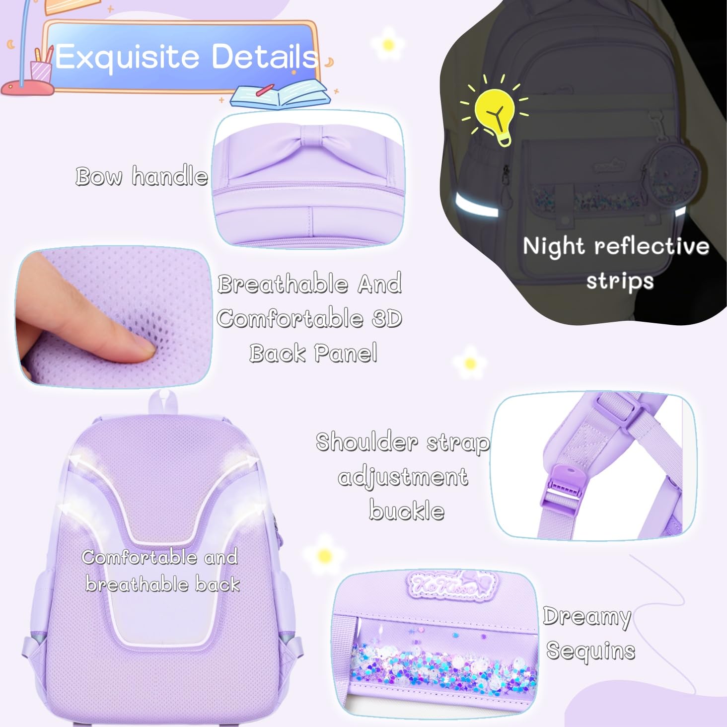 Zaino per bambini per la scuola elementare per ragazze e bambini, grazioso zaino con portamonete scintillante, Viola, L, Classico