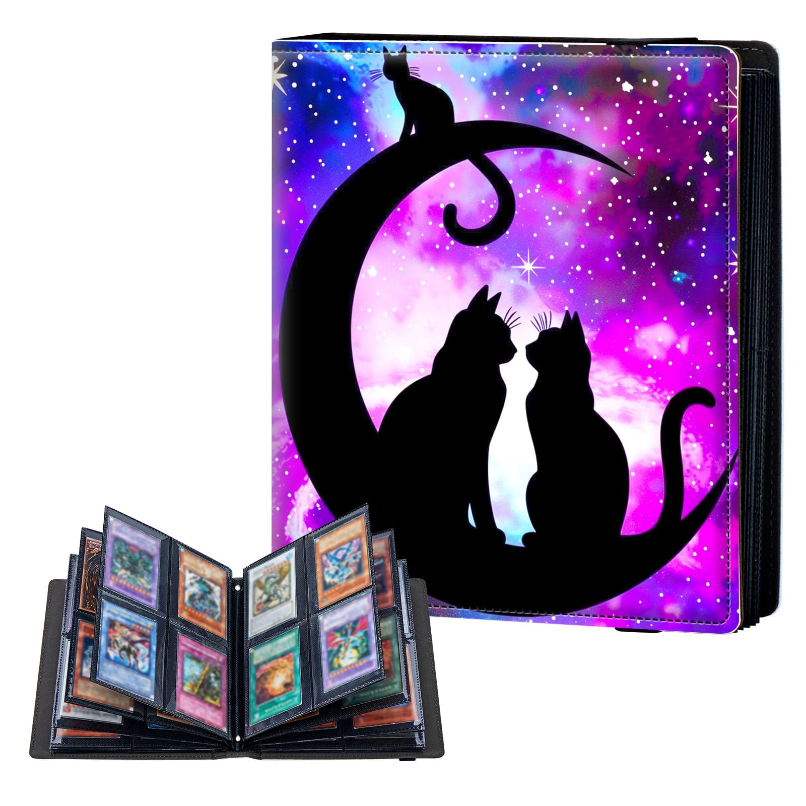 ETLKJVBL 4 Pocket Trading Card Binder, Card Collection Binder for TCG, MTG, Sports Cards, Baseball, Cats Sitting on Moon Trading Card Book Holder for Collectors, Top Loader Binder — image 1