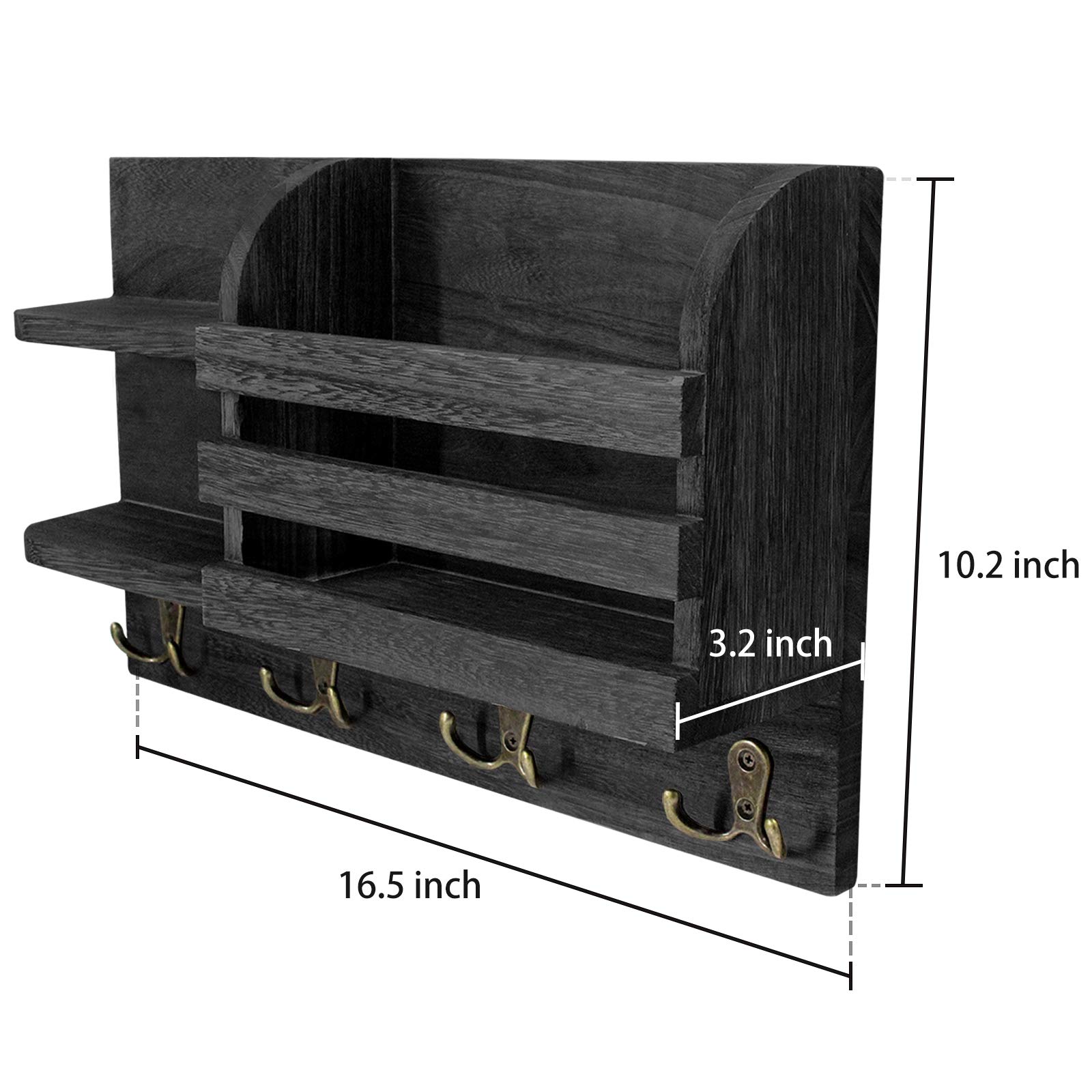 Wall Mounted Mail Holder Floating Shelves with Hooks, Wood Wall Organizer Sorter for Keys