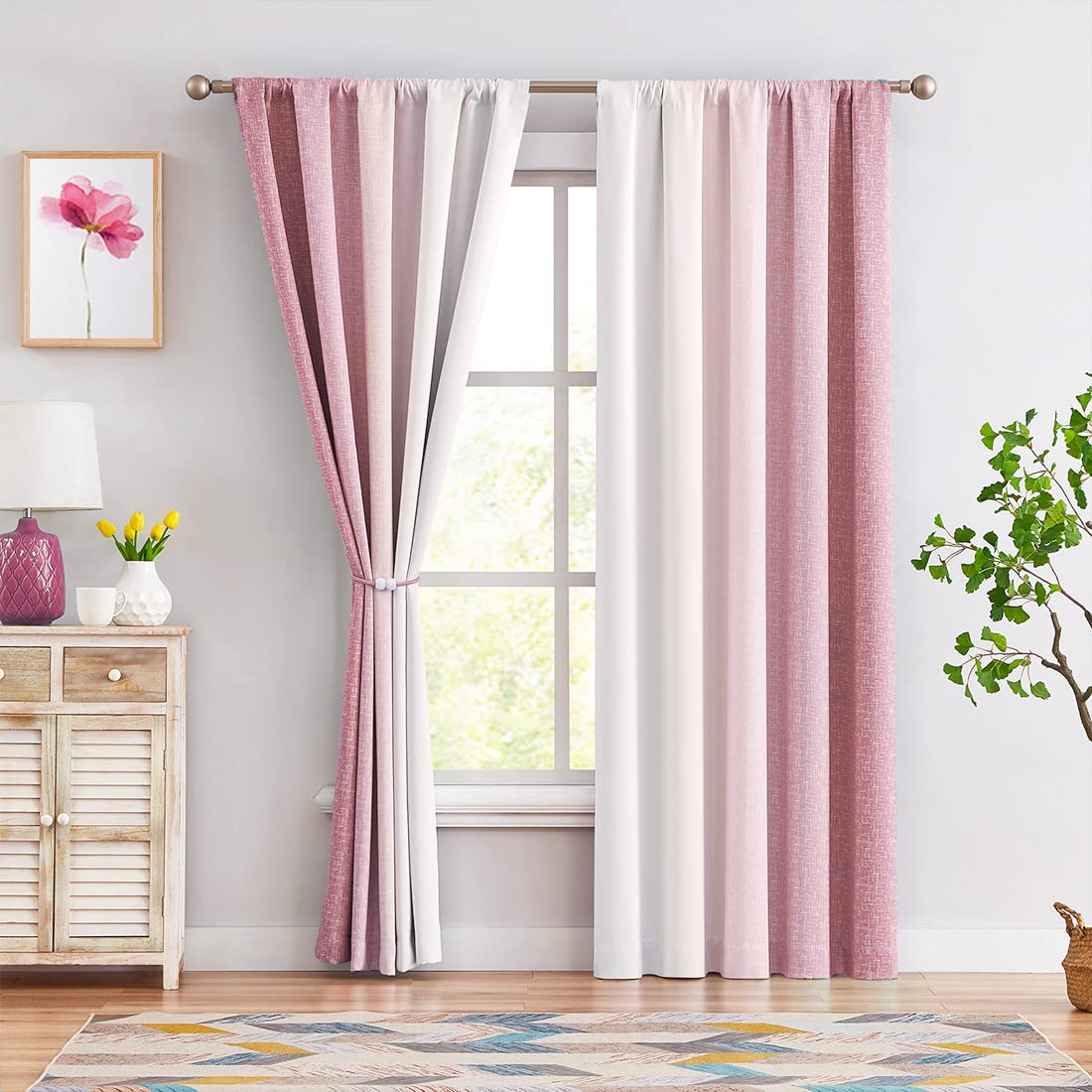 Geomoroccan Ombre Full Blackout Curtains 84 Inches Long, Pink and White 2 Tone Reversible Window Treatments for Bedroom Living Room, Linen Gradient Print Rod Pocket Drapes 52" W 2 Panel Sets