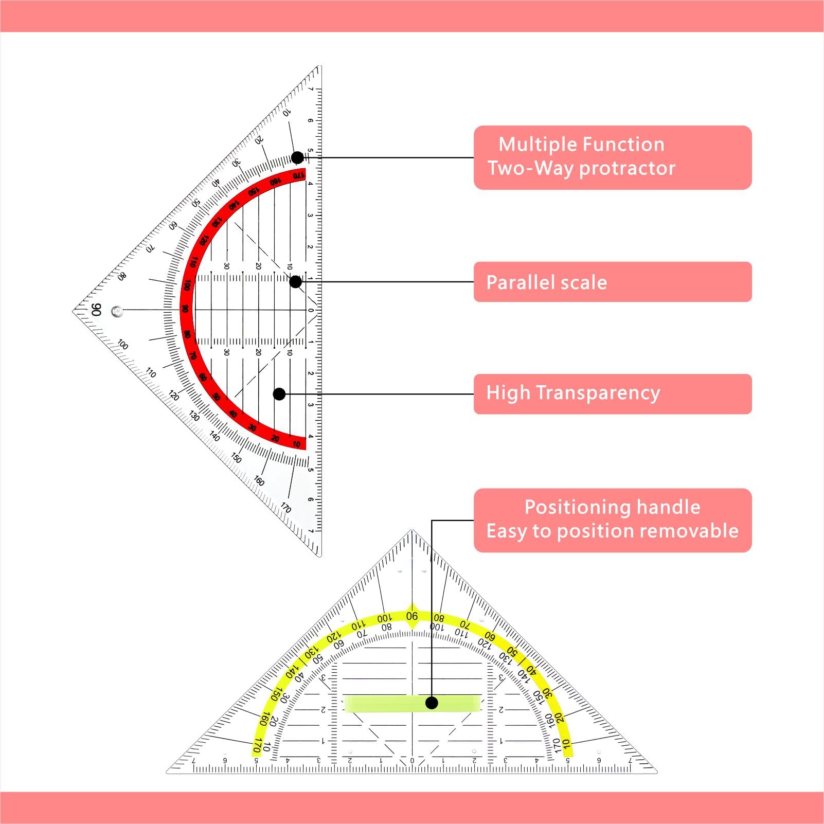 JIANTA ekierka geometryczna z tworzywa sztucznego, 10 sztuk, trójkąty geometryczne, 16 cm, przezroczyste, elastyczne, do rysowania okręgów, 8 szt., ekierka z uchwytem, żółta, 8 szt., czerwona geometria, do szkoły, biura, studentów