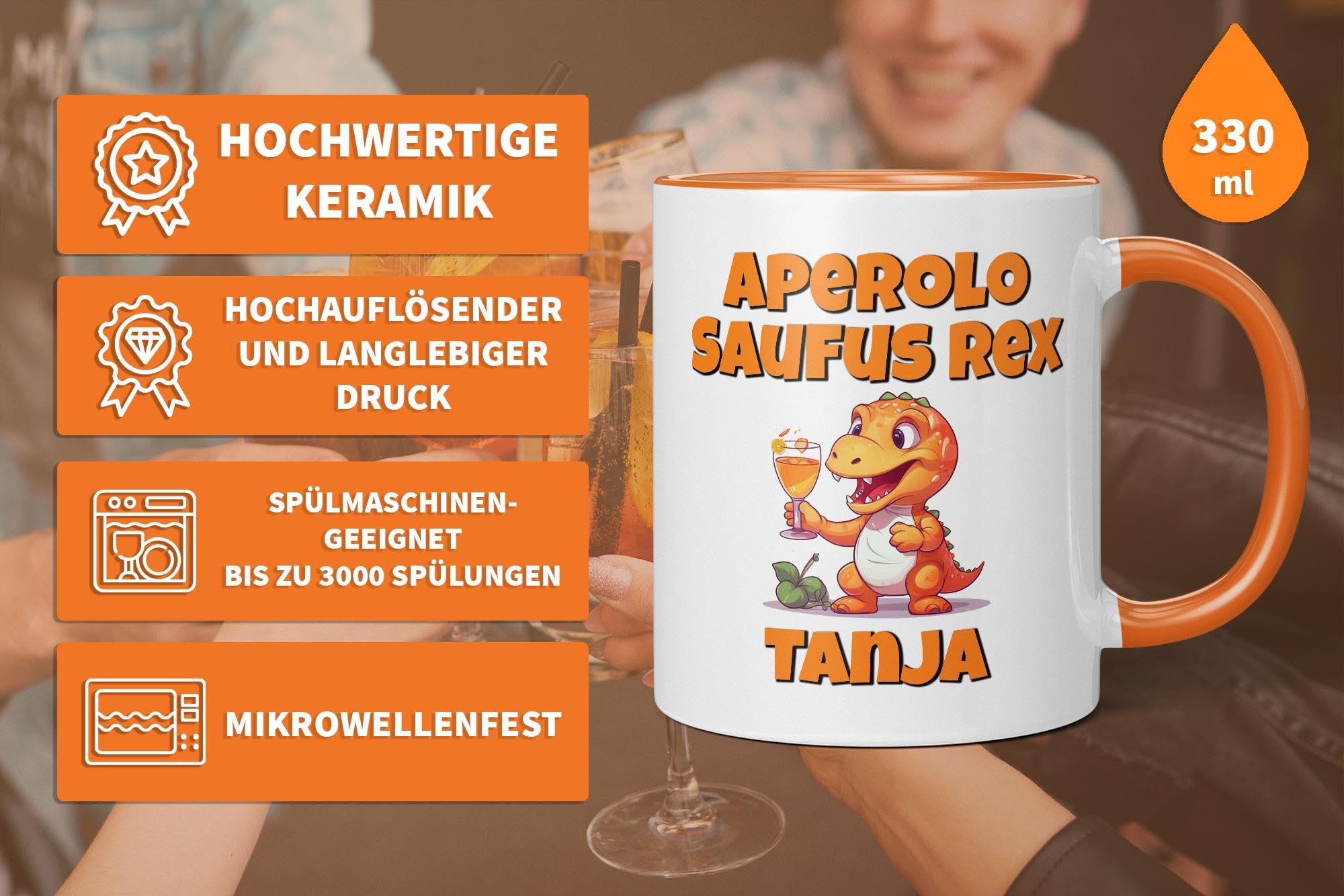 TASSENTICKER Personalisierte Kaffeetasse „Aperol Saufus Rex“ – Mit Wunschnamen, 330 Ml, Lustiges Büro-Geschenk