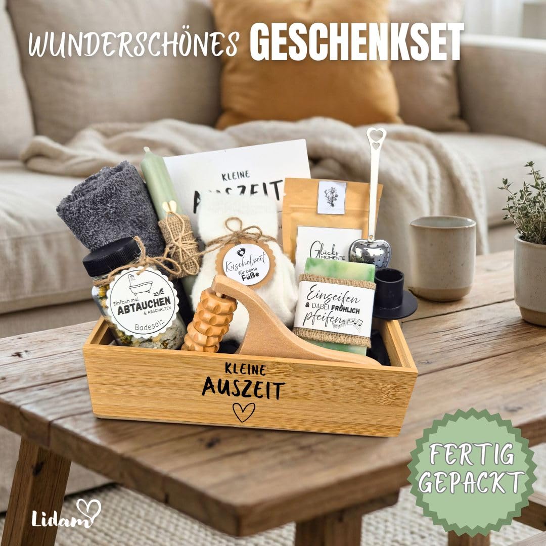 Geschenkset Bambus-Box Frauen Kleine Auszeit | Geschenk Freundin | Entspannung Geschenk | Geschenke für Freundin | Geburtstagsgeschenk Frauen | Geschenkidee | Wellness Set