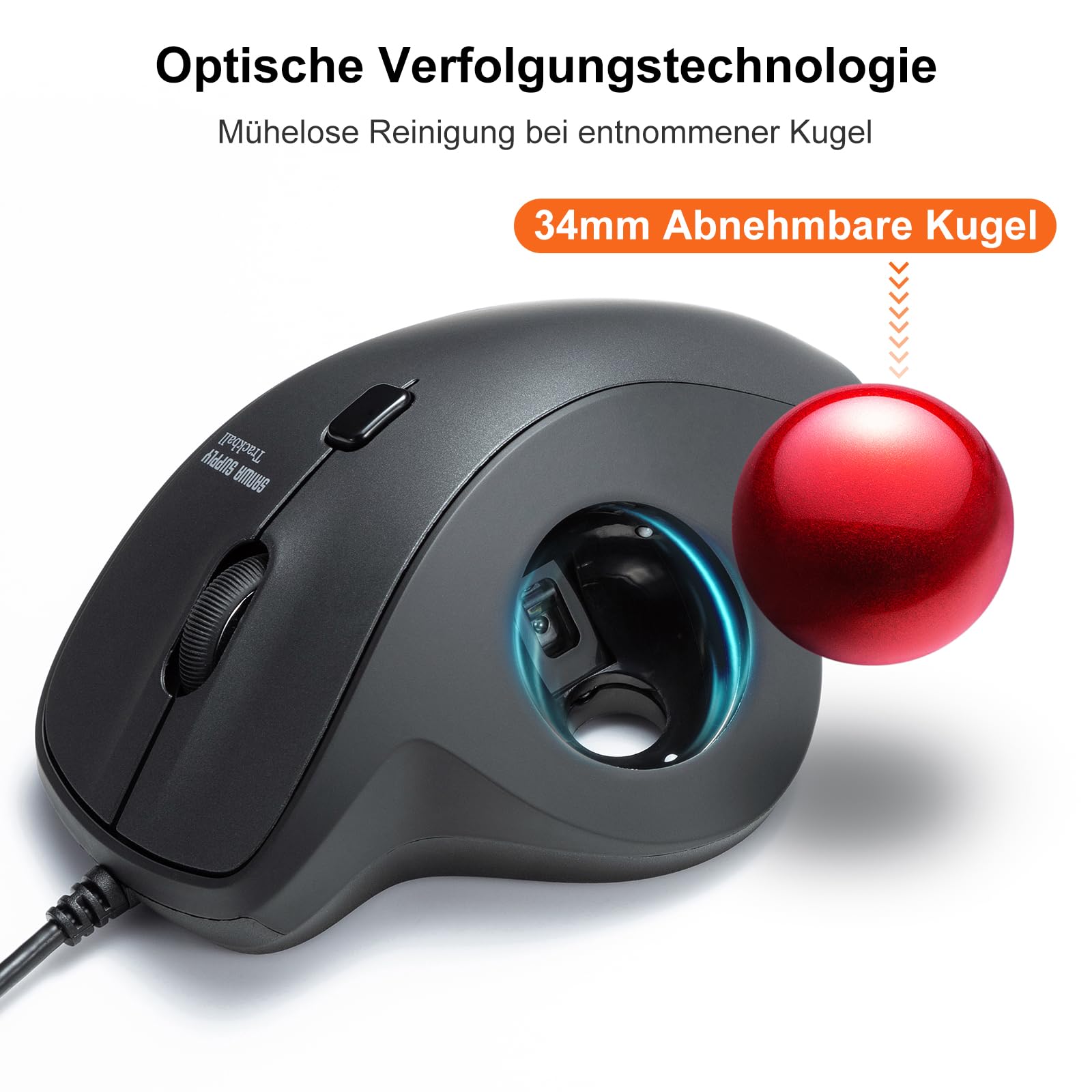 SANWA Trackball Maus mit Kabel, Leise Klik Mäuse, 600/800/1200/1600 DPI, USB-A & Type-C Anschluss, Vorbeugung Mausarm Tennisarm RSI, 34mm Ball Daumenkontrolle, Kompatibel mit Winows, Mac, PC, Schwarz