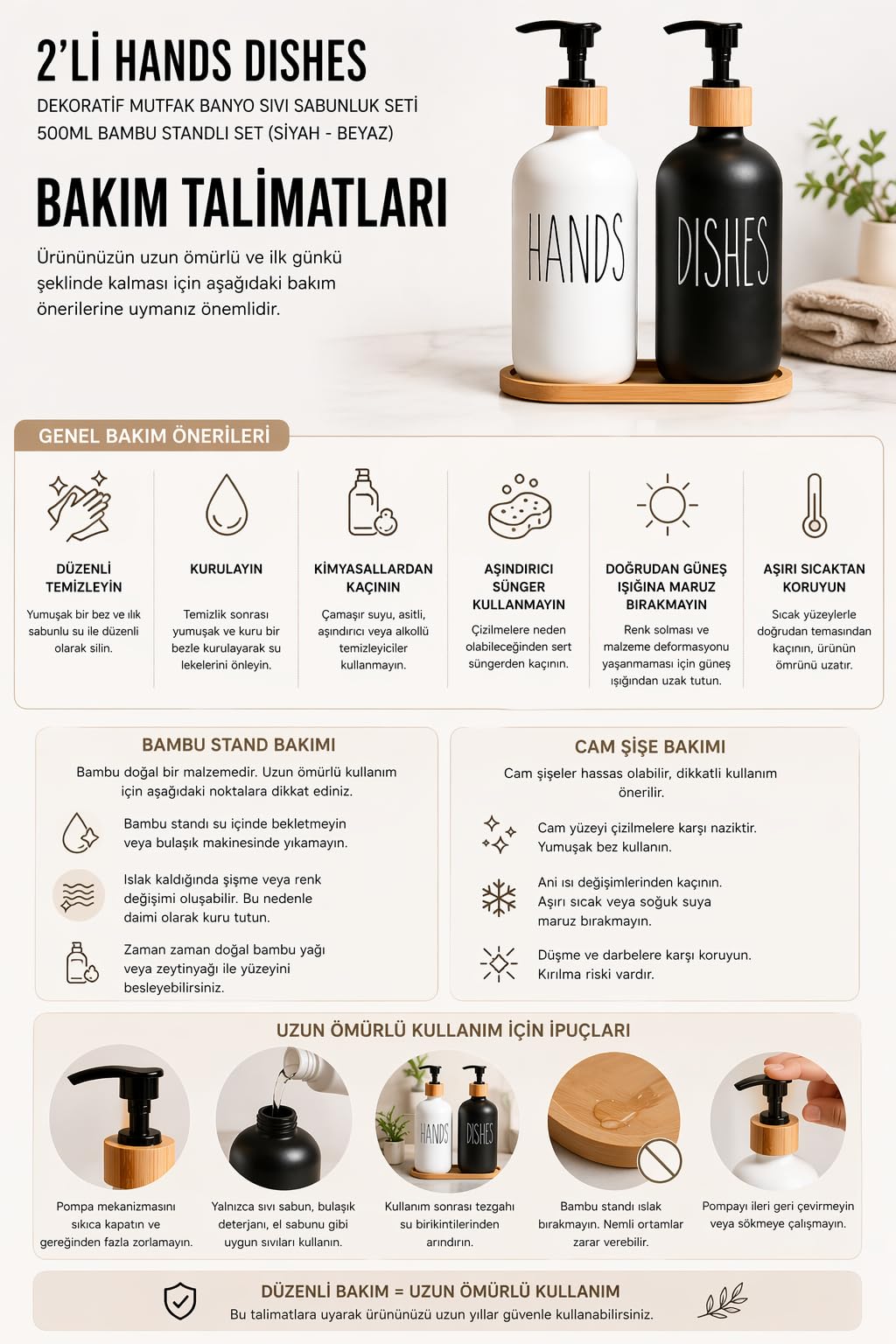 2’li Hands Dishes Siyah Beyaz Cam Sıvı Sabunluk Seti 500 ml, Bambu Standlı Dekoratif Mutfak & Banyo Sabunluk Dispenser Seti Şık Modern Tasarım