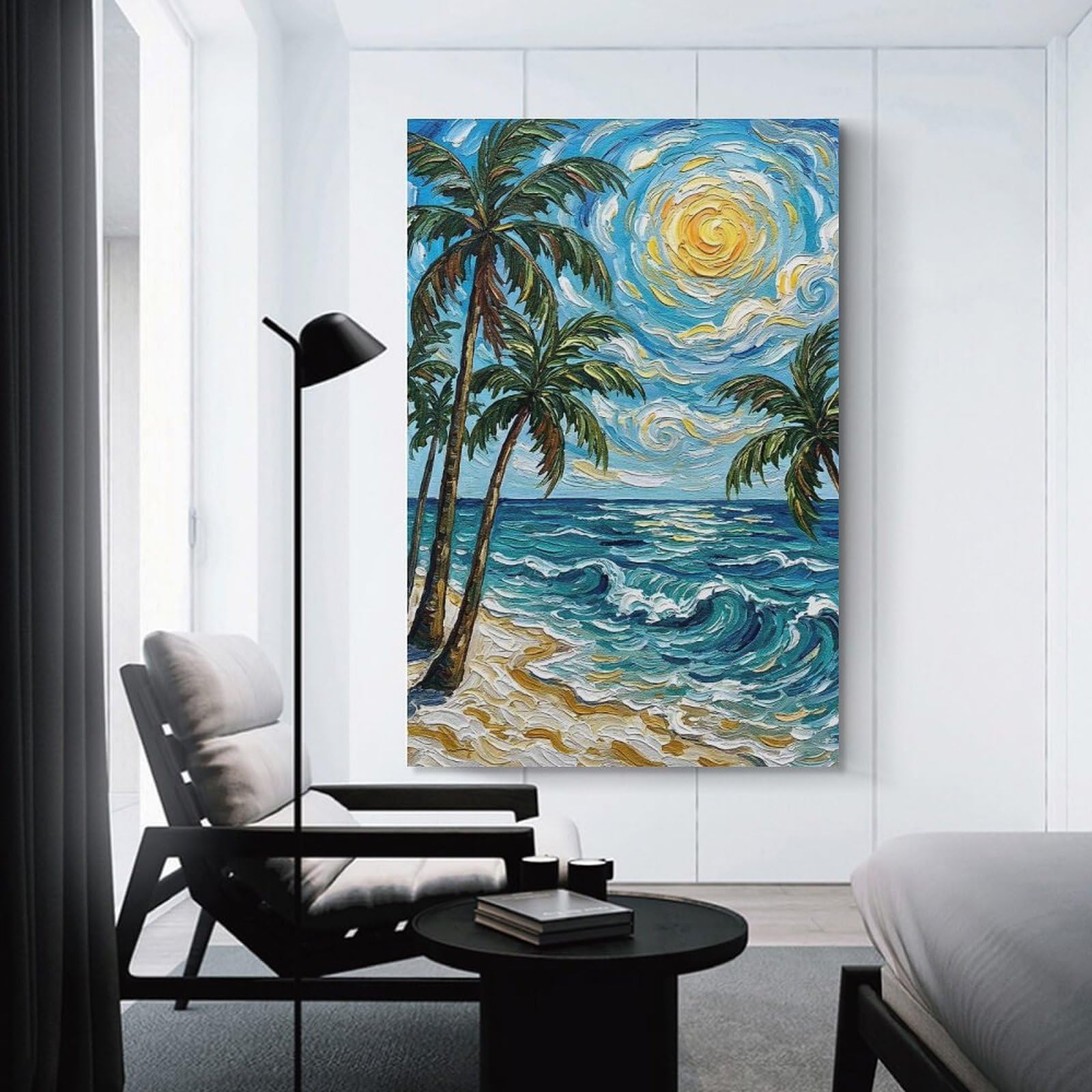Junmoney Tropical Beach Painting with Palm Trees Decorative Canvas Print, 16x24inch(40x60cm), for Home, Office, Studio Or Guest Room, Canvas Wall Art That Fits Changing Layouts