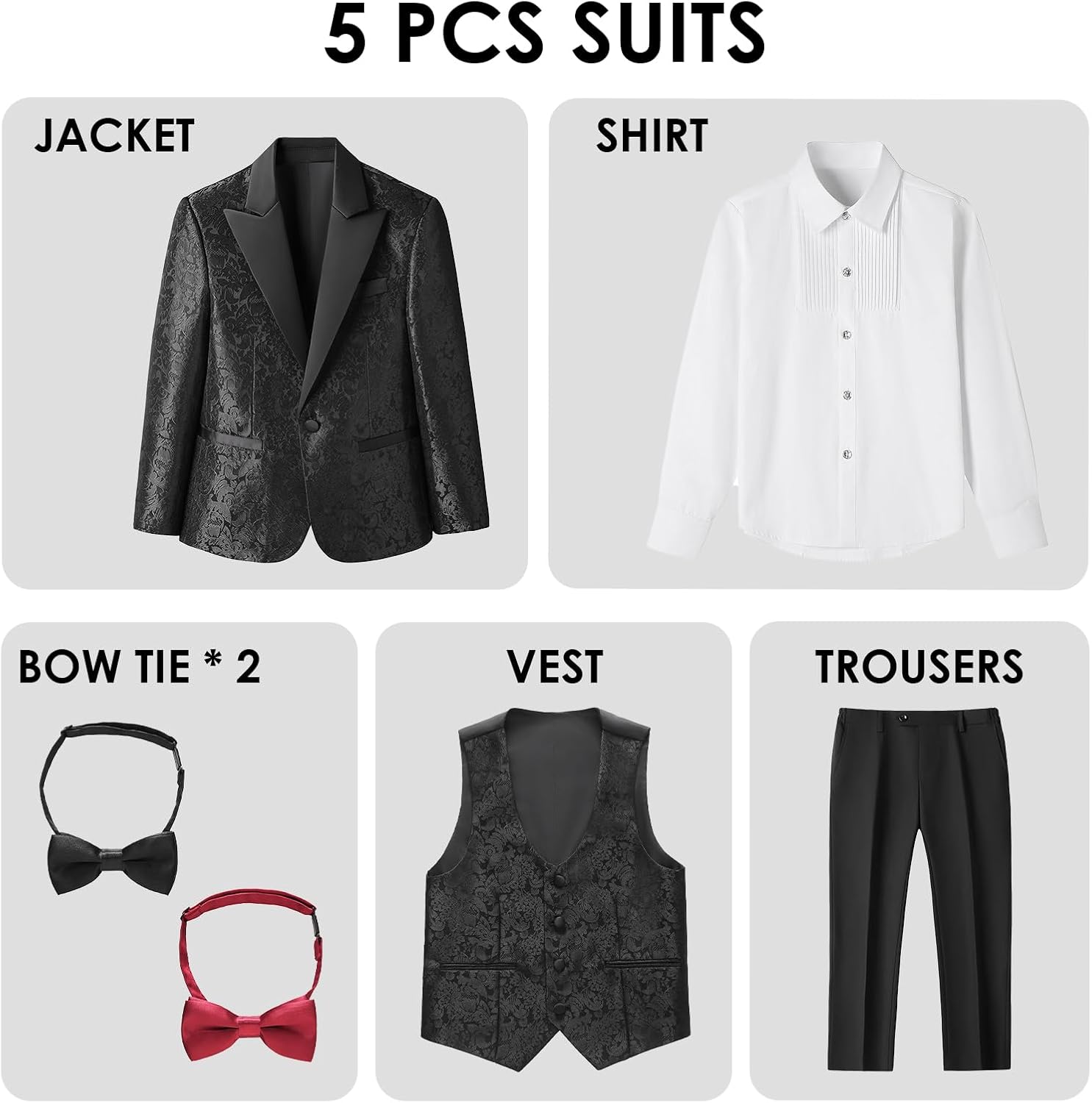 Lamgool Boys Tuxedo Suits 5 Piece Slim Fit Kids Floral Jacquard Formal Set Blazer White Shirt Vest Pants Bow Tie for Prom - Image 3