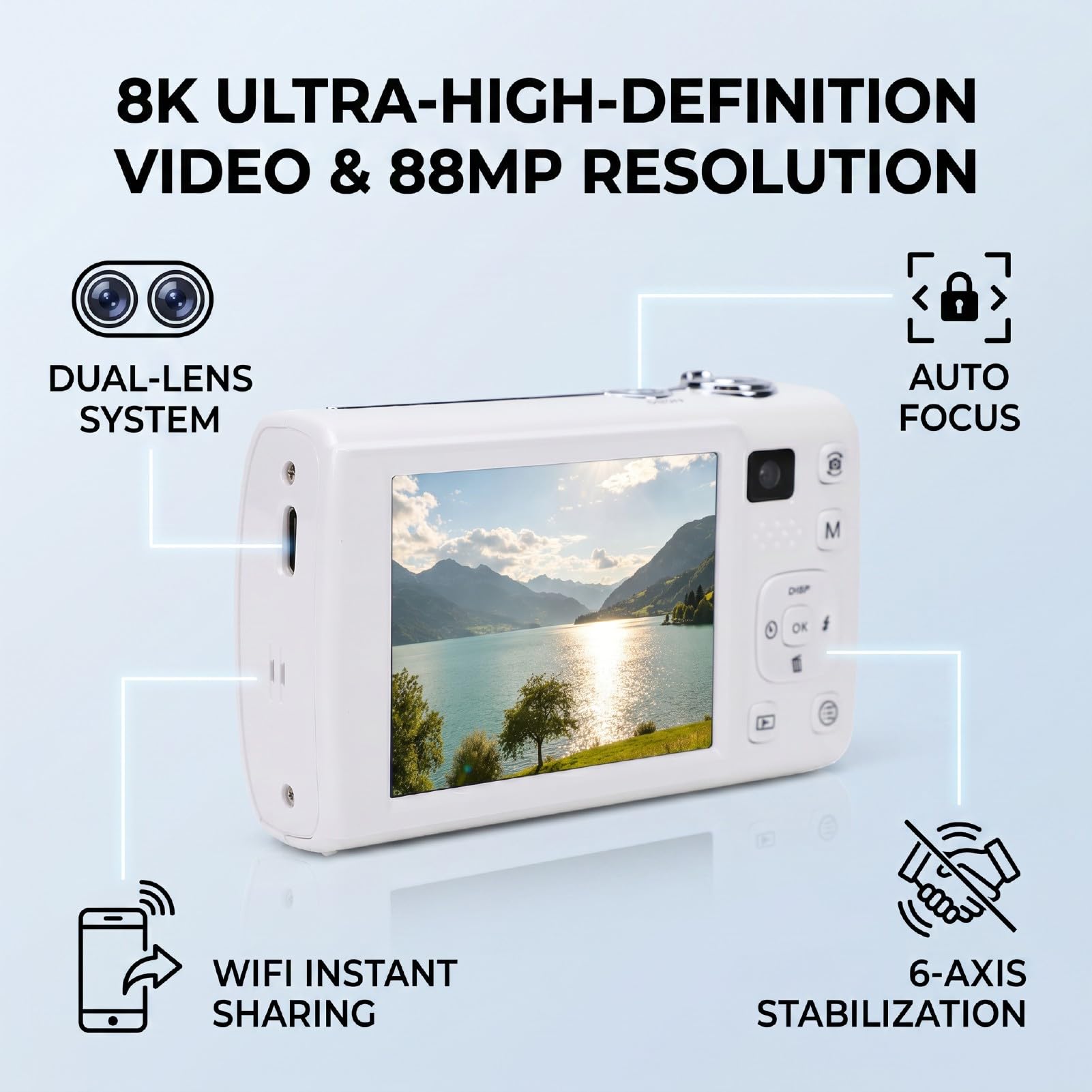 LICAEVEY 8K-Digitalkamera, Autofokus, 88 MP, WLAN, Touchscreen, Doppelobjektiv, 16-facher Zoom, Stabilisierung, Fülllicht mit Kamera Vorne und Hinten für Selfies, Reise-Vlogging