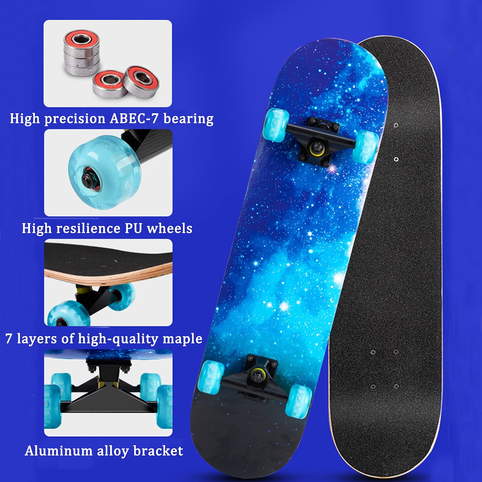 Planches à roulettes Complètes de 31", Skateboards en Bois D'érable à 7 Couches à Double Coup de Pied avec Roues Clignotantes en PU pour Filles Garçons Enfants Adolescents Adultes