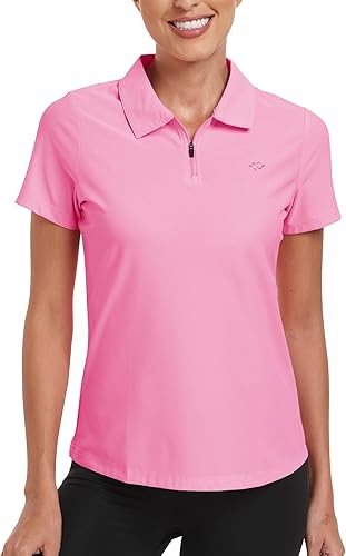 Miniatura 2 de MoFiz Polo de golf para mujer, manga corta, UPF 50+, cuello con cremallera de 14, camiseta deportiva ligera de secado rápido