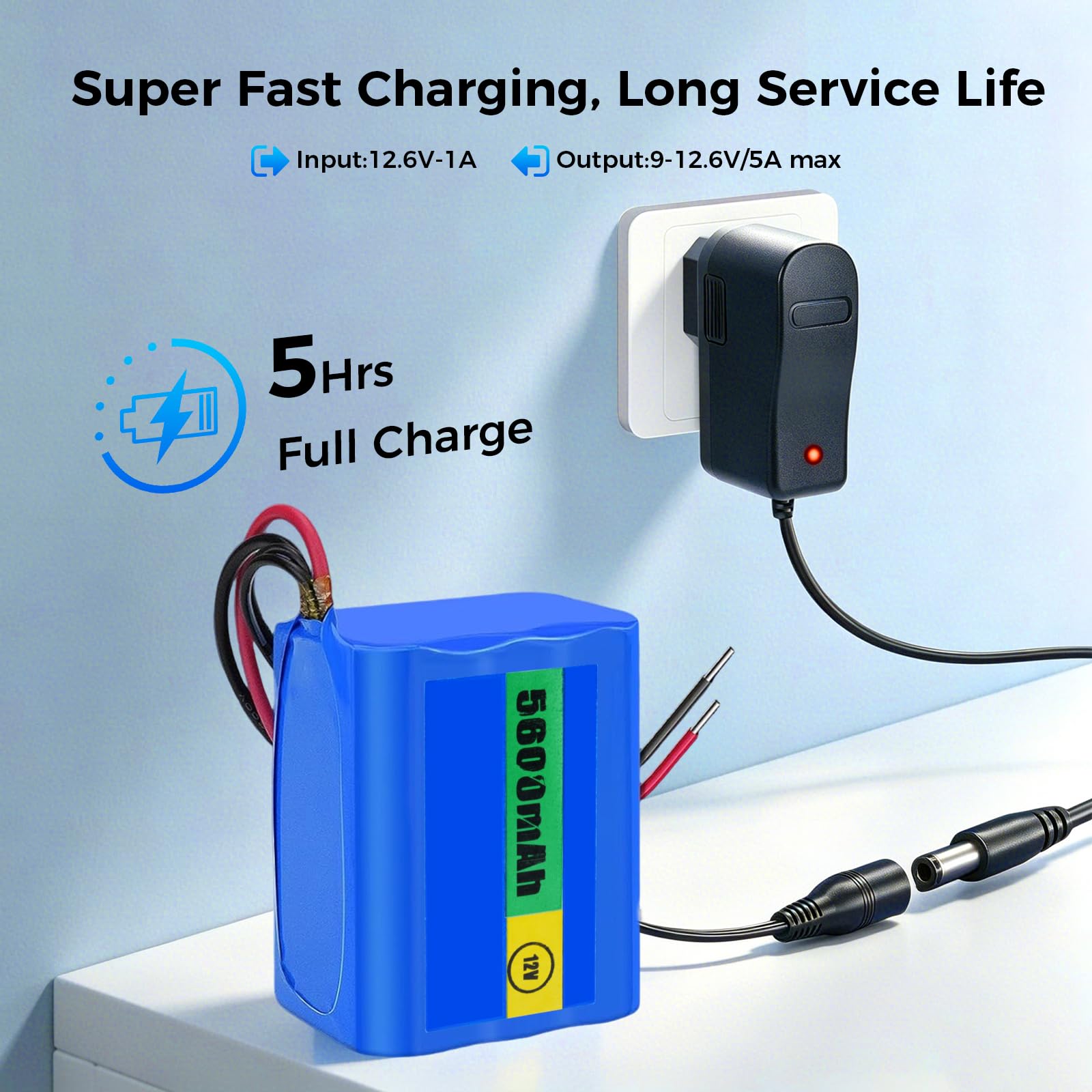 Batterie Lithium-ION 12,6 V 5600 mAh avec Chargeur et 2 Lignes de Connexion pour Panneau Solaire, Radio, appareils Photo, caméscopes, Orgue électronique, Lampe de Lecture DIY, Sonar