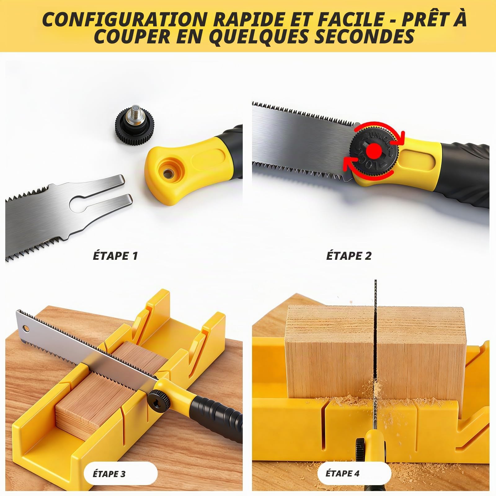 Boîte à onglets avec scie japonaise, gabarit de fermentation avec scie pour bois et plastique, ensemble de 4 scies à main robustes, angle de coupe : 45°, 90° et 135°, scie à onglets avec boîte de